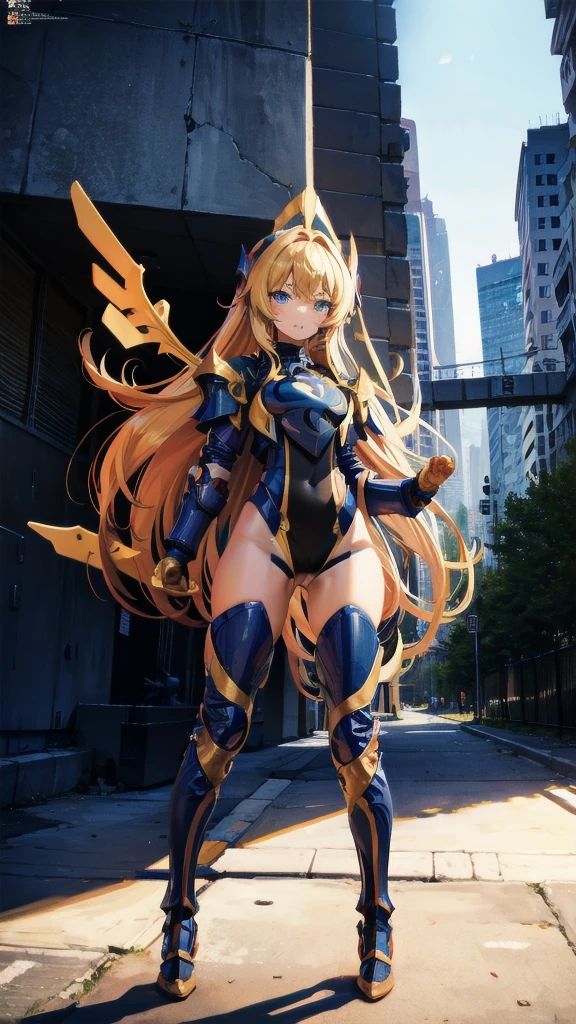 masterpiece), ((Highest quality)), (masterpiece,Highest quality,Official Art,Highly detailed CG Unity 8k wallpaper), a girl in powered armor, raise both hands, full armor, powered leg, battle armor, shoulder armor, leg booster, battle between buildings in the city, light effect, robot wing, standing, blush, embarrassed, open mouth, dynamic angle, masterpiece, アニメ, highly detailed, high quality,