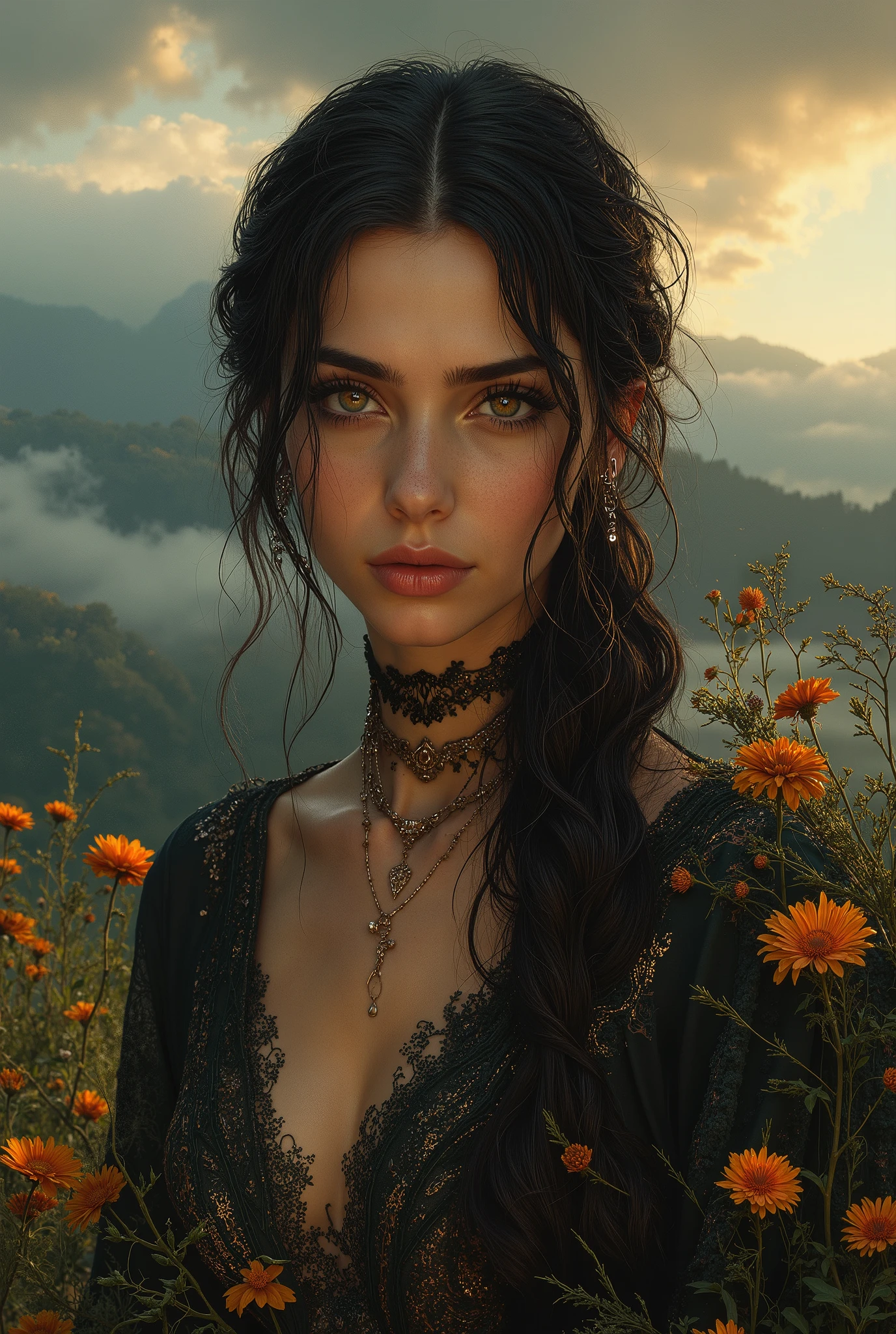 (Italian beautiful girl:1.3),(extremely detailed eyes and face,beautiful detailed eyes,beautiful detailed lips,longeyelashes:1.2),(elegant long dress,elegant hairstyle),(photorealistic,hyperrealistic,realistic:1.37),high quality,8k,ultra-detailed,best quality,photographic,vivid colors,warm lighting,natural lighting,natural skin tones,detailed background,detailed environment (beautiful and dreamy landscape painting),(natural landscape,rolling hills,lush vegetation,vibrant colors,warm lighting, morning,dramatic clouds,mist,fog,atmospheric,serene,tranquil,idyllic:1.2),(oil painting,digital painting,masterpiece:1.2),photorealistic,8k,detailed,vivid,dynamic composition,(mysterious,enigmatic:1.2),(surreal,avant-garde,conceptual art:1.1),organic shapes,textured brush strokes,dark tones,high contrast,emotive,evocative,atmospheric,cinematic