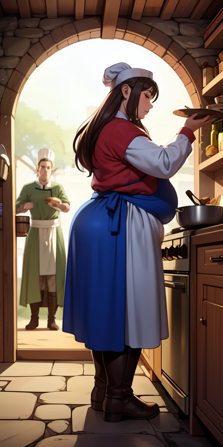 1dwarf, fantasy, female, long hear, rotund, obese, fantasy medieval chef, inside a underground kitchen, dwarven.