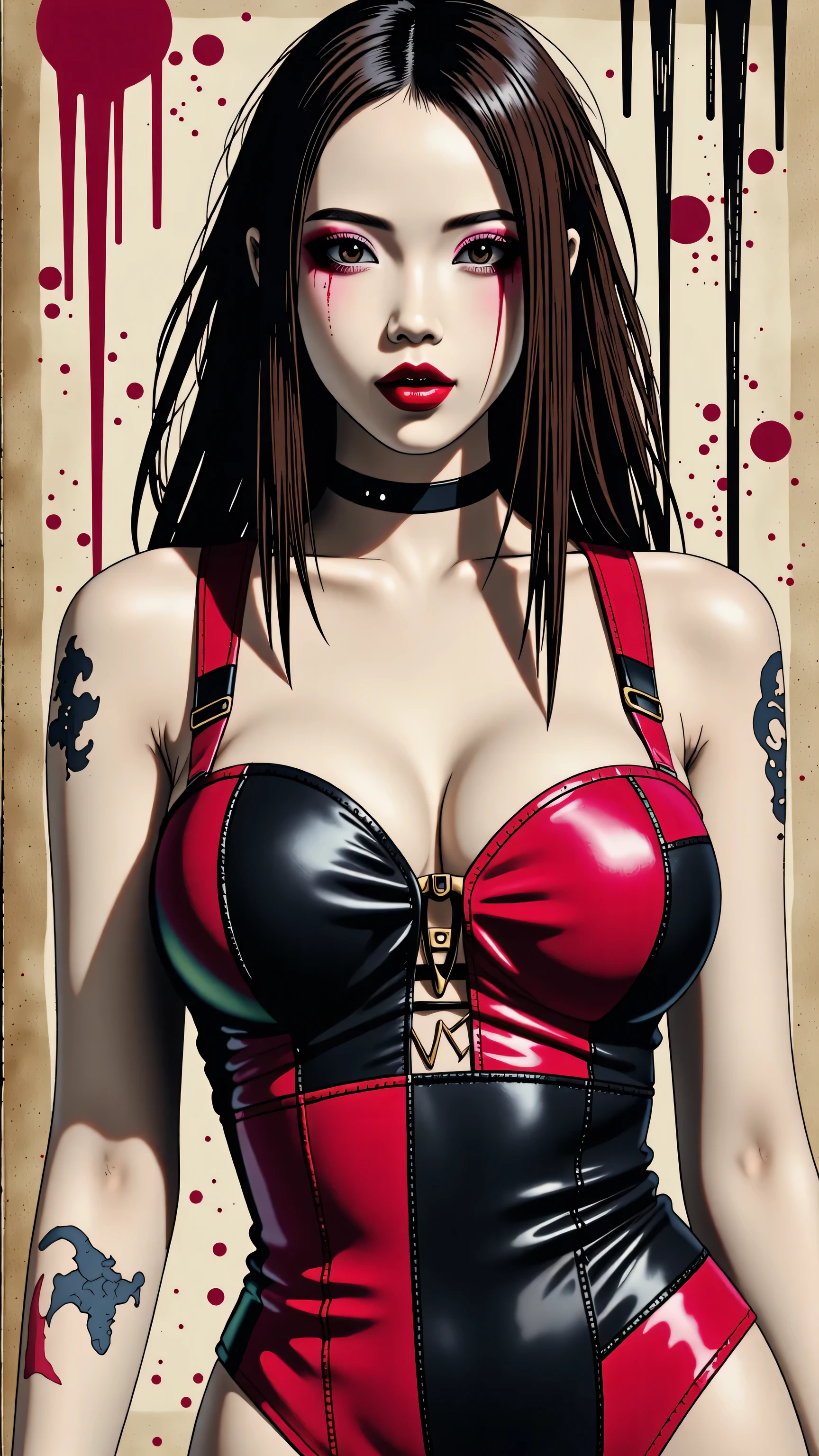 Kizi,Highly detailed, Amazing work,Vitreous luster,((clean backdrop)),In black,(((red colors))),white color,Best quality at best,clean backdrop, shiny skin, goth, plunging neckline, huge breasts, heavy blushing,