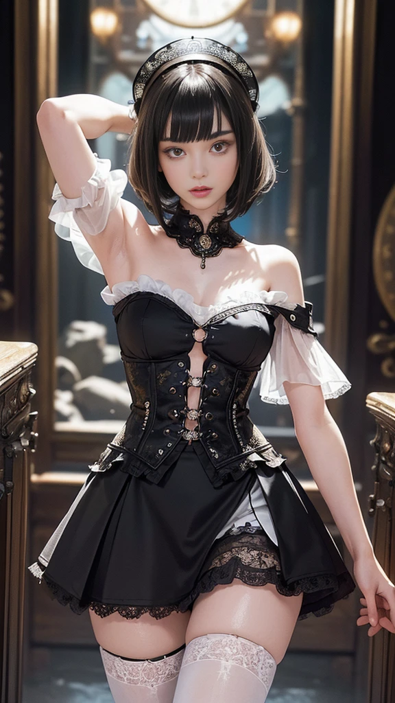 (masterpiece, best quality:1.2), cowboy shot, solo, 1girl, sheryl nome, smile, closed mouth, looking at viewer, strapless dress, corset, layered skirt, thighhighs, bare shoulders, indoor, gigantic breast