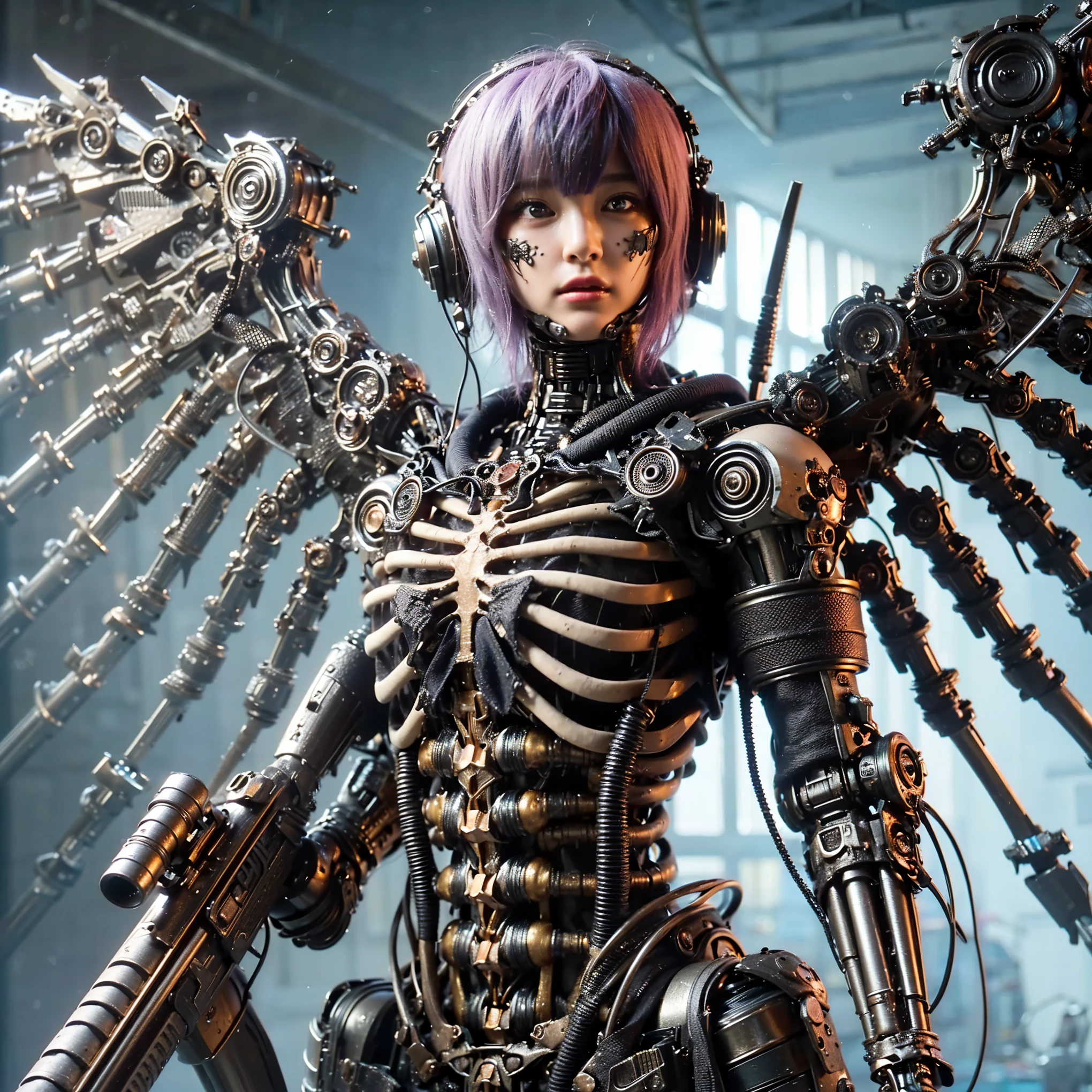 (Completely live action:1.37), (Amazingly realistic textures:1.37), (masterpiece, best quality:1.2), (8k uhd, 16k, 32k, ultra high res), amazingly realistic skin, amazingly realistic photo, superrealism, (photorealistic:1.37), (RAW photo), ultimately realistic, (ultimately realistic all details), (ultimately realistic all textures), super realistic lighting, super realistic shadow, (japanese girl:1.5), ((young face)), smiling, happy, super realistic face, ultimately realistic skin, ultimately realistic eyes, (mascara:1.35)ultimately realistic background, ultimately realistic detail up, kkw-ph1, ((drooping eyes, cyberpunk-style cyborg girl, amazingly intricate details, Anatomically perfect hands, mechanical body, silver knight armor, ultra glossy texture, purple hair))