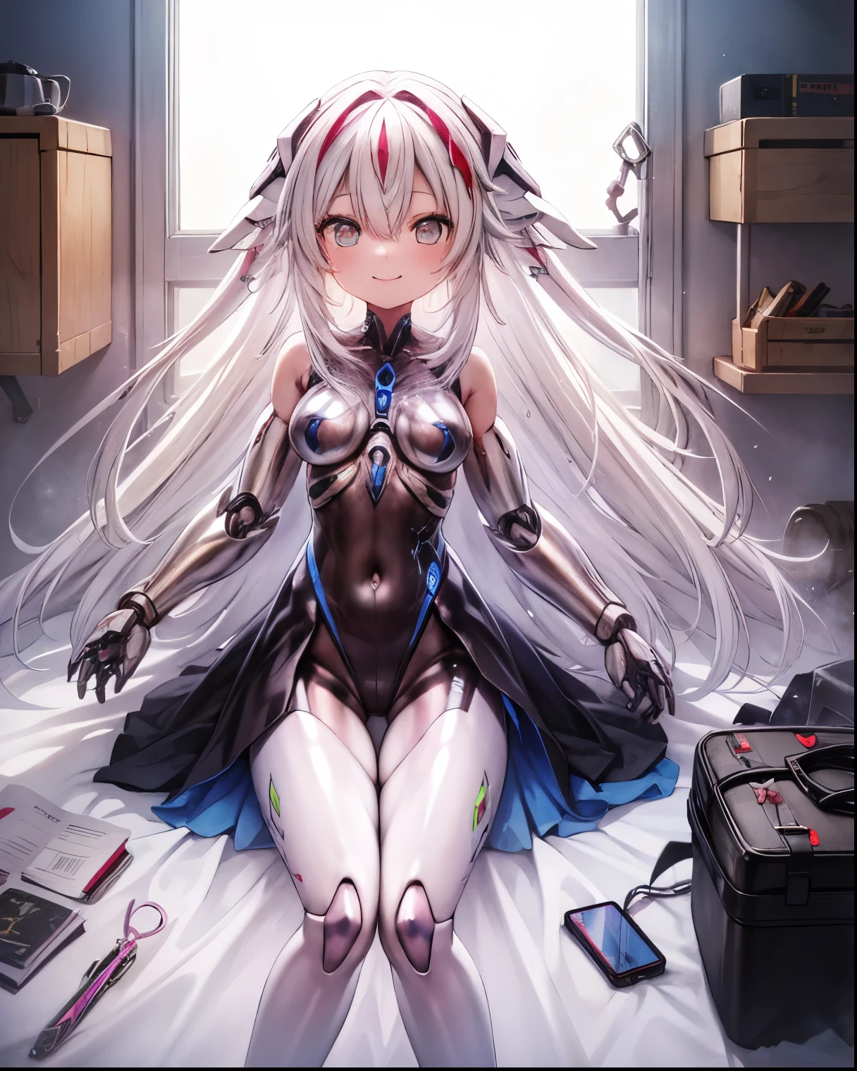 a girl, alta resolución,Alone, Long hair, dolls light smile, cyborg, barefoot, mechanical arms, black dress, small breast, masterpiece, The best quality , young, four Arms