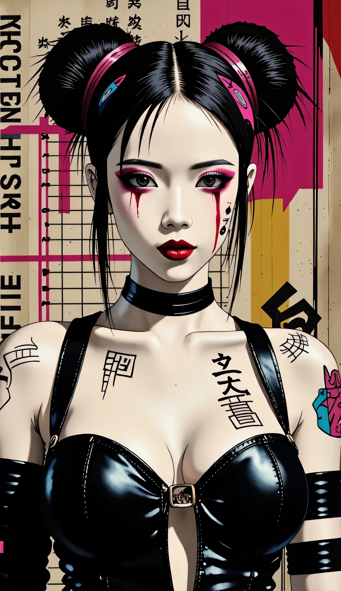 Kizi,Highly detailed, Amazing work,Vitreous luster,((clean backdrop)),In black,(((red colors))),white color,Best quality at best,clean backdrop, shiny skin, goth, plunging neckline, huge breasts, heavy blushing,
