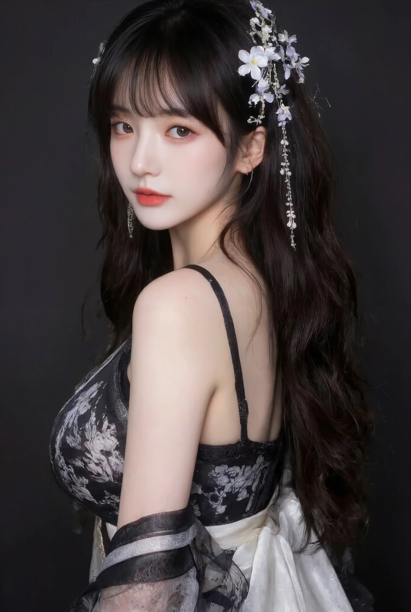 on dark background 、High-quality photography、 wet texture、frost、 studio photography 、engraving、Shallow depth of field、Vignette、 super detailed、High Budget、Bokeh、Wide cinema 、epic、Colorful、 film grain ,Model with long, slightly curly black hair wears black and white translucent ancient Hanfu,The model's skin is delicate and shiny,Have a pair of E-cup breasts, left hair with a white flower headdress,puppy pose