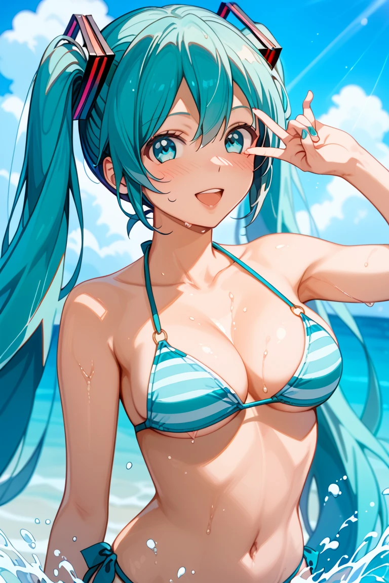 ((masterpiece)), (((best quality))), ((ultra-detailed)), ((illustration)), ((disheveled hair)), (1 girl), (solo), dynamic angle, thighhighs, beautiful detailed sky, on beautiful detailed water, (((swim pool))),beautiful detailed eyes, hairs between eyes (((medium breast))), (((arms behind))),(((string bikini))), {{{miku}}} ,twintails, (((miku))), indigo hair