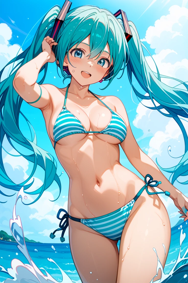 1 rapariga、(Solo), anime style, super fine illustrations、beautiful seductive anime girl、Super detailed、Smile、beautiful blueish eyes、Beautiful proportions、HATSUNEMIKU、Slender、gentle expressions、seductive anime girls、Lackluster skin、Transparent sexy bikini swimsuit、Strong sunlight、Seaside,Vest line, , , , sex