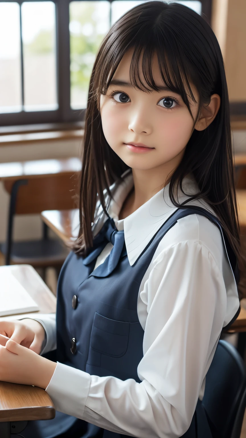 Imagine a charming illustration in the style of Loundraw, Depicts a beautiful schoolgirl. She is wearing a classic school uniform, With a fitted skirt and a perfectly lined shirt. Her long black hair, With soft bangs, Falling gracefully over her shoulders. The girl is depicted in a school setting, A calm and serene environment, Illuminated with soft, neutral light. Scenery details, School desks and chairs etc, Blackboard and books, Carefully expressed to create an authentic atmosphere. The girl's facial expression is calm and focused, Reveals her determination in her studies. The illustration conveys a sense of serenity and concentration, Capturing the subtle beauty of a school routine in a delicate and emotive artistic composition.