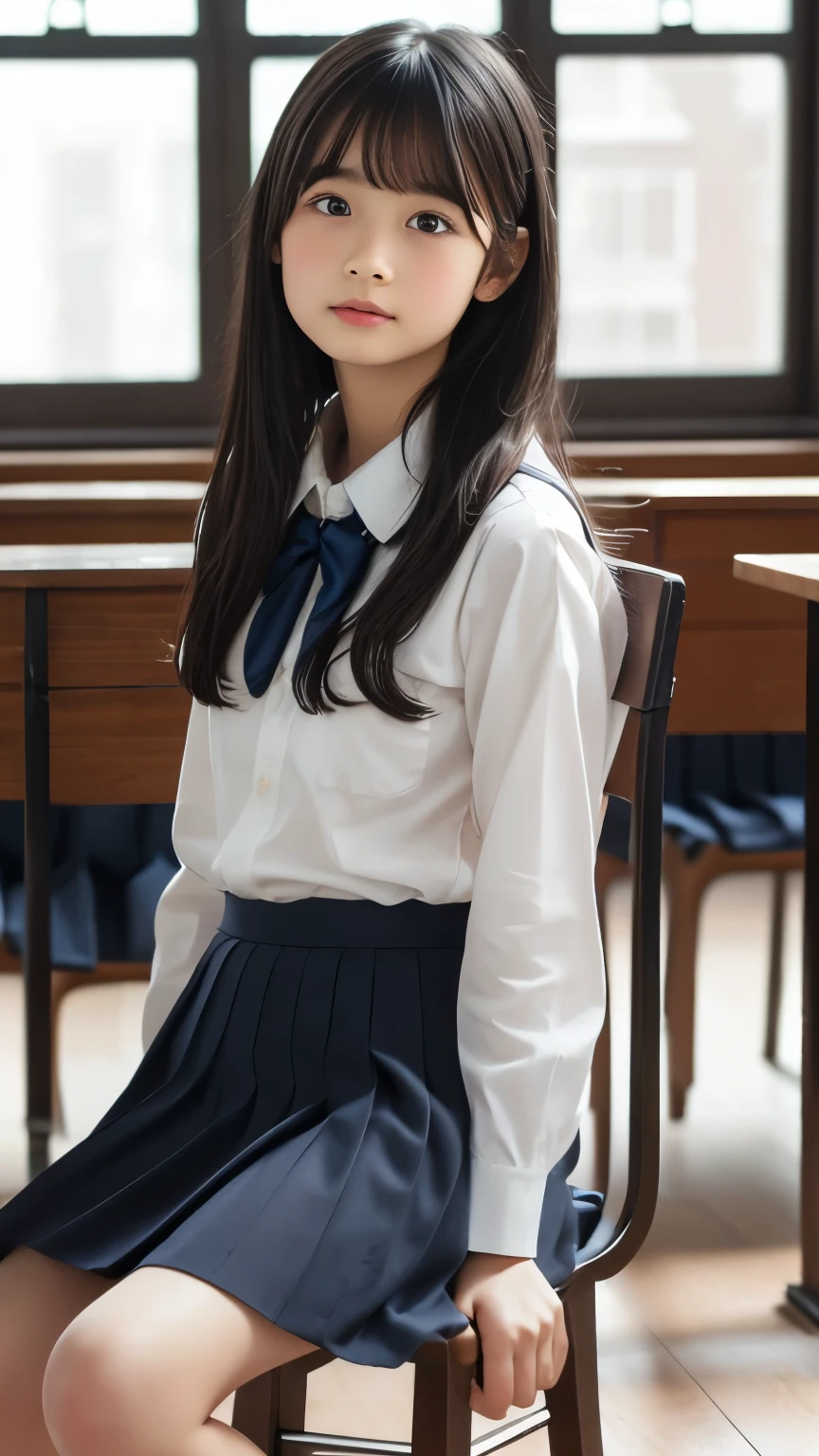 Imagine a charming illustration in the style of Loundraw, Depicts a beautiful schoolgirl. She is wearing a classic school uniform, With a fitted skirt and a perfectly lined shirt. Her long black hair, With soft bangs, Falling gracefully over her shoulders. The girl is depicted in a school setting, A calm and serene environment, Illuminated with soft, neutral light. Scenery details, School desks and chairs etc, Blackboard and books, Carefully expressed to create an authentic atmosphere. The girl's facial expression is calm and focused, Reveals her determination in her studies. The illustration conveys a sense of serenity and concentration, Capturing the subtle beauty of a school routine in a delicate and emotive artistic composition.