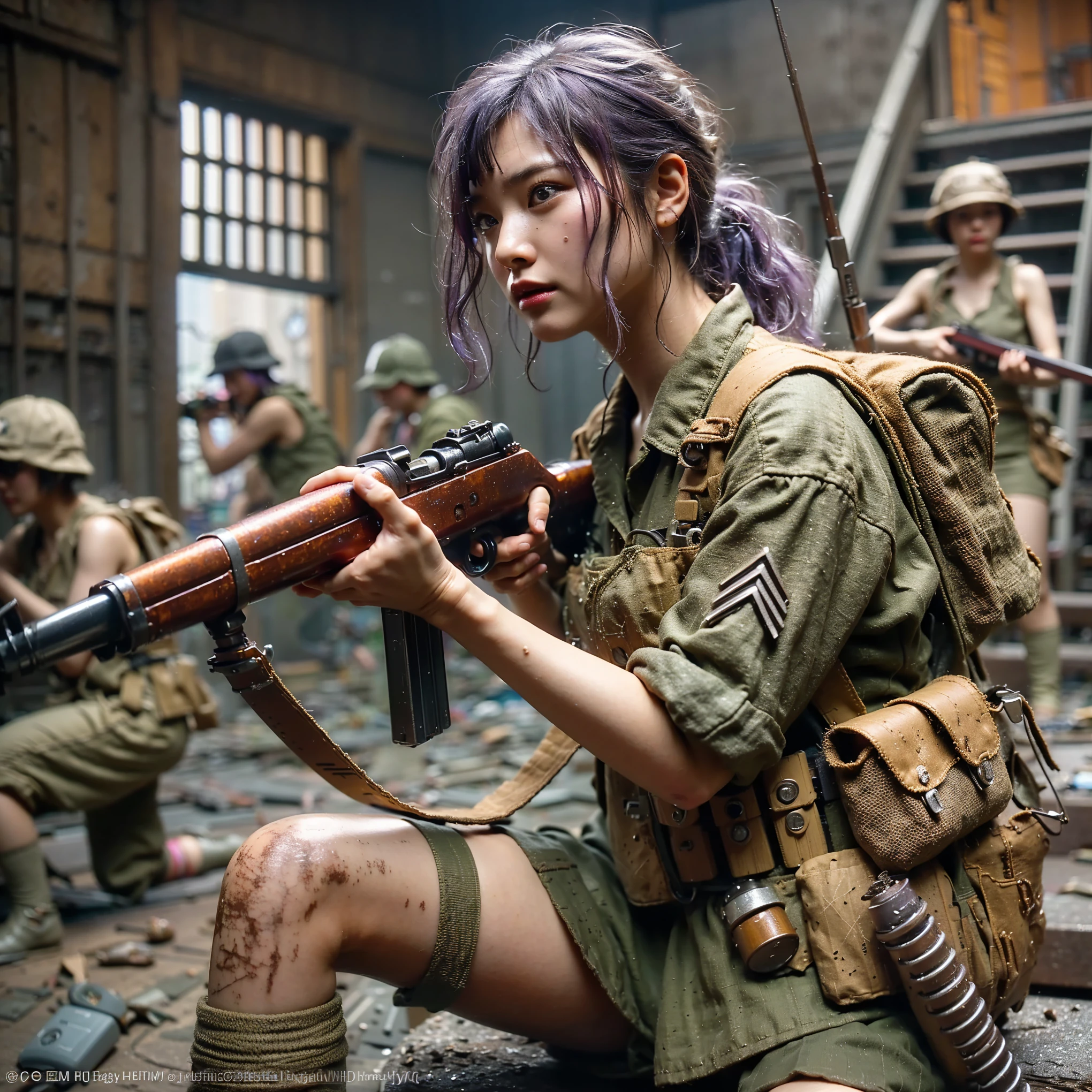 (Completely live action:1.37), (Amazingly realistic textures:1.37), (masterpiece, best quality:1.2), (8k uhd, 16k, 32k, ultra high res), amazingly realistic skin, amazingly realistic photo, superrealism, (photorealistic:1.37), (RAW photo), ultimately realistic, (ultimately realistic all details), (ultimately realistic all textures), super realistic lighting, super realistic shadow, (japanese girl:1.5), ((young face)), smiling, happy, super realistic face, ultimately realistic skin, ultimately realistic eyes, (mascara:1.35)ultimately realistic background, ultimately realistic detail up, kkw-ph1, ((drooping eyes, cyberpunk-style cyborg girl, amazingly intricate details, Anatomically perfect hands, mechanical body, silver knight armor, ultra glossy texture, purple hair))
