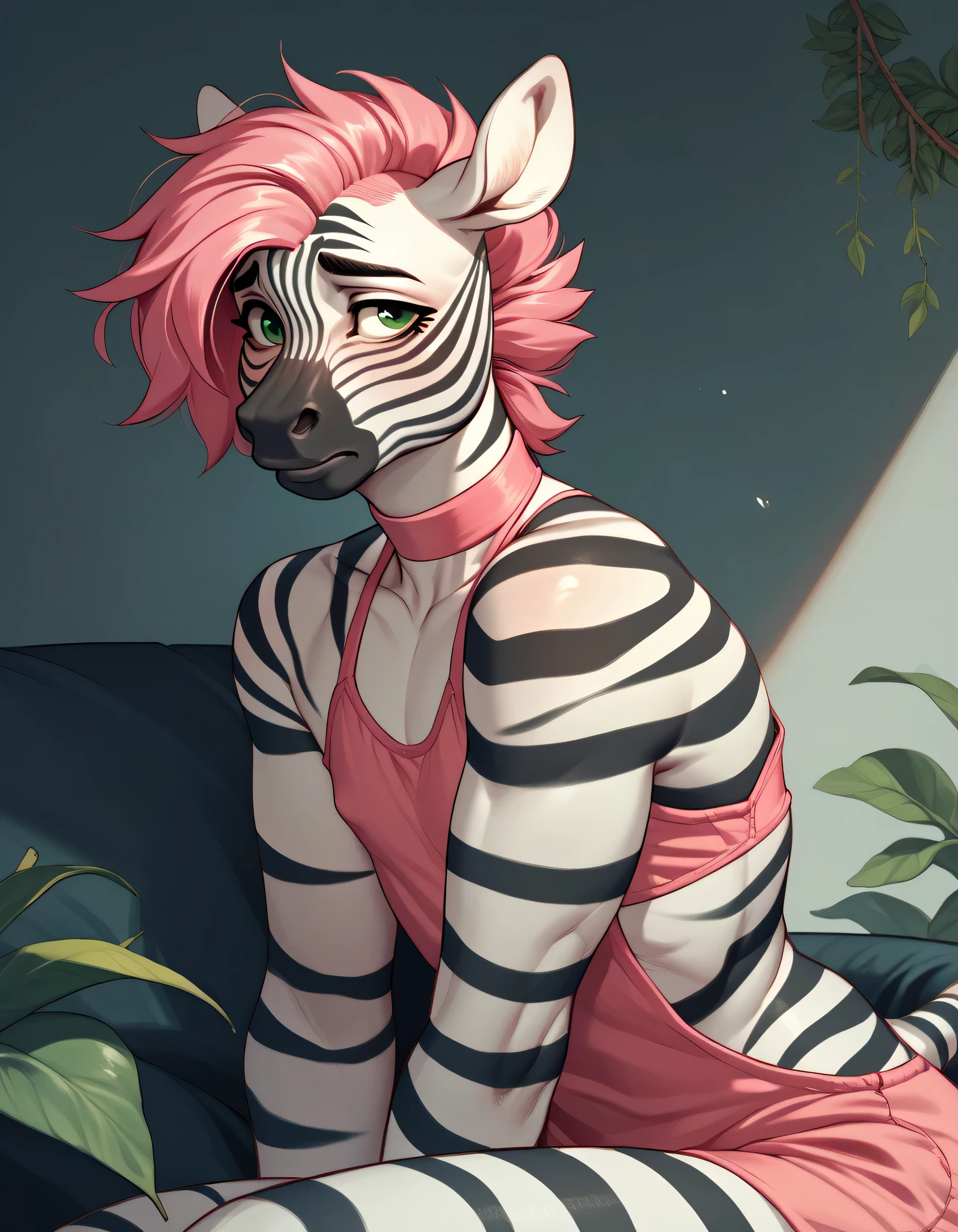 Solo, femboy Anthro zebra, zebra fur, zebra body, zebra skin, pink mane, pink hair, green eyes, pink feminine clothes, shy, autistic, modern