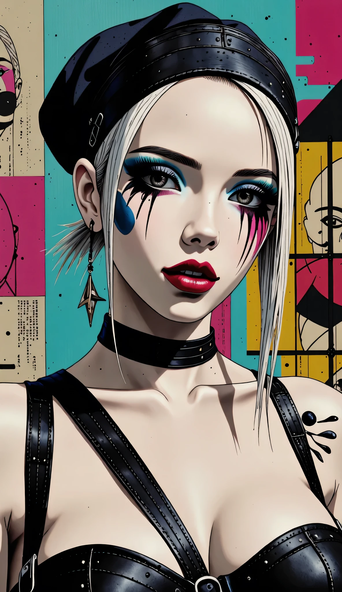 1girl,Thorough, analog style, eye focus, highest quality, (highly detailed skin), photo of a exquisitely beautiful pale skin punk Dutch girl, 21yo, (wearing harness, and beanie), perfect face, alluring eyes, big breasts, cleavage, [seductive makeup], skin pores, (piercing:0.5), no background, colorful background, (bokeh:0.6), sharp focus, dappled lighting, (backlighting:0.7), film grain, photographed on a Sony A7R IV, 18mm F/1.7 cine lens, (highly detailed, intricately detailed), 8k, HDR, seductively posing, front view, (uppper body:0.9)
