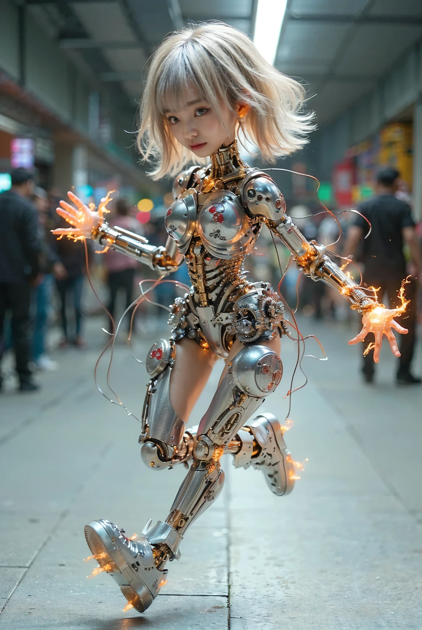 (Completely live action:1.37), (Amazingly realistic textures:1.37), (masterpiece, best quality:1.2), (8k uhd, 16k, 32k, ultra high res), amazingly realistic skin, amazingly realistic photo, superrealism, (photorealistic:1.37), (RAW photo), ultimately realistic, (ultimately realistic all details), (ultimately realistic all textures), super realistic lighting, super realistic shadow, (japanese girl:1.5), ((young face)), smiling, happy, super realistic face, ultimately realistic skin, ultimately realistic eyes, (mascara:1.35)ultimately realistic background, ultimately realistic detail up, kkw-ph1, ((drooping eyes, cyberpunk-style cyborg girl, amazingly intricate details, Anatomically perfect hands, mechanical body, silver knight armor, ultra glossy texture, purple hair))