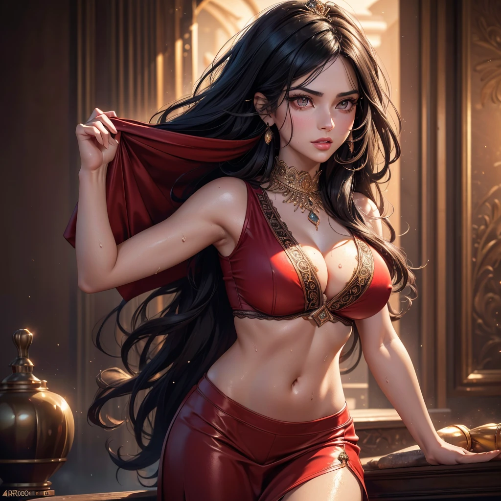 A young realistic woman adorned in very elegant traditional sexy Indian attire, cute and sexy face, very very enormous breasts(boobs), sexy body type, sexy outfit, sexy smile. Indian wedding (realistic perfect face))