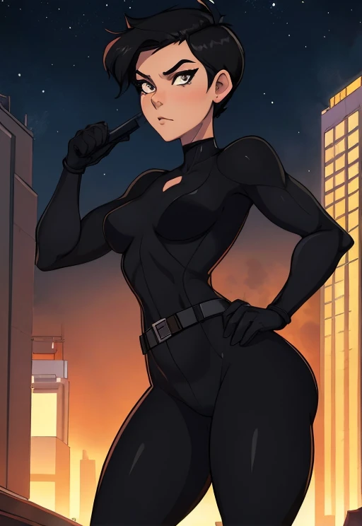 Black hair, white pale skin, medium messy hair, black sunglasses, goth, black silk half jumpsuit, black boots, night rooftop blackground, 1980’s, medium breasts, punk tomboy, gloves, wallpaper, close up