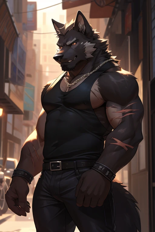 1boy, abs, animal ears, bara, belt, black pants, building, chest tattoo, city, cowboy shot, furry, furry male, grey fur, large pectorals, looking at viewer, male focus, muscular, muscular male, navel, nipples, outdoors, pants, pectorals, scar, solo, stomach, topless male, white fur, wolf boy, wolf ears, yellow eyes