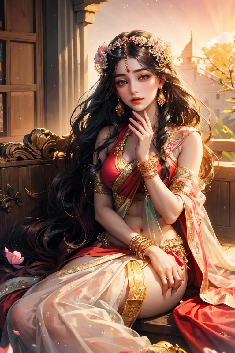Goddess parvati, animated style, closeup shot, anime in a red and green combination indian dress(saree or lahaenga choli), long black hair wavy hair untied with hair ornaments, innocent expression, bright big blake eyes, holding a flower, natural beauty, vibrant colors, dreamy, northern light, pink bubble, romantic, soft lighting, vintage aesthetic