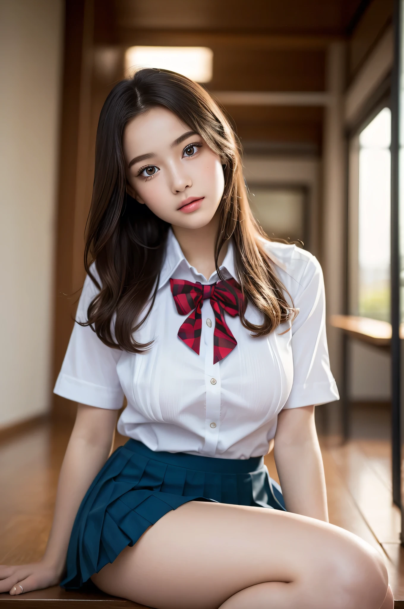 (dasha taran),upper half of body,Big eyes,small face,school uniform,bangs,in the dark,thick body,huge breasts