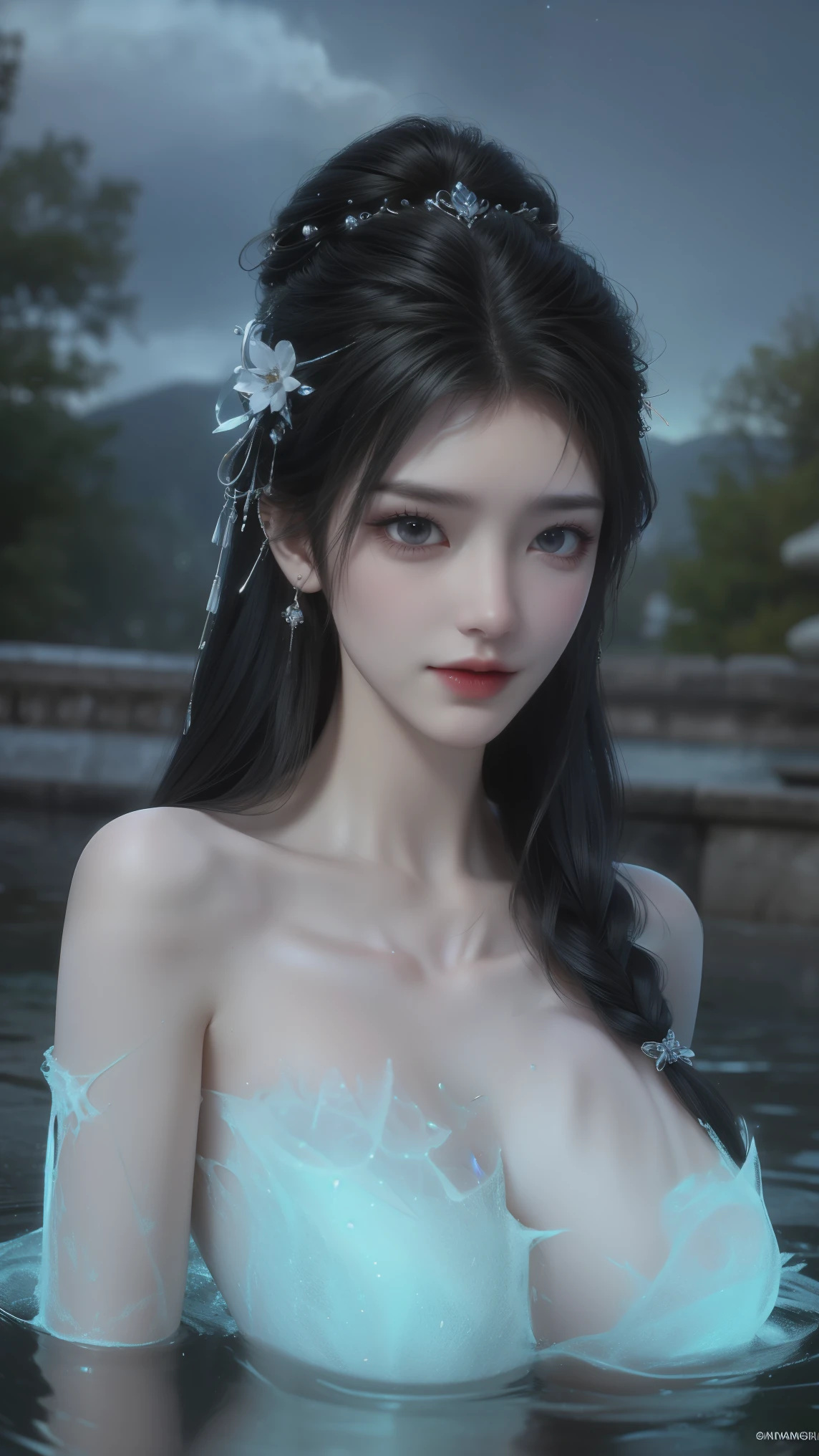light particles, halo, (bioluminescent:0.95), bioluminescent, piercing glare, vibrant, (((colourful))), color, (glowing, glow),ancient customs, wind blow, blossom, pond, night, moon relection in the pond, reflection light, depth of field, from behind, multiple views, delicated best quality ,masterpiece, illustration, an extremely delicate and beautiful, extremely detailed ,CG ,unity ,8k wallpaper, Amazing, finely detail, masterpiece,best quality,official art,extremely detailed CG unity 8k wallpaper,absurdres, incredibly absurdres, huge filesize , ultra-detailed, highres, extremely detailed,beautiful detailed girl, extremely detailed eyes and face, beautiful detailed eyes,light on face,1girl, (Super realistic), (black hair), (hair over one eye), (single braid hair), (rainbow eyes), ((hair ornament)), ((jewelry)), (hair jewelry), (((describe the arm in detail))), (((Super ))), ((sagging breasts)), ((Plump body)), (thighs), ((Plump )),, (detailed description of hair), ((upper body)), (Bare shoulder), ((collarbone)), (off shoulder), (Shiny skin), (detailed description of face), (Extremely detailed description of the eyes), (detailed description of body), (white and translucent skin), peerless beauty, (extreme beauty), (red lips), (shy ), (seductive smile), ((gothic tia dress)), (every pose),(smiling)