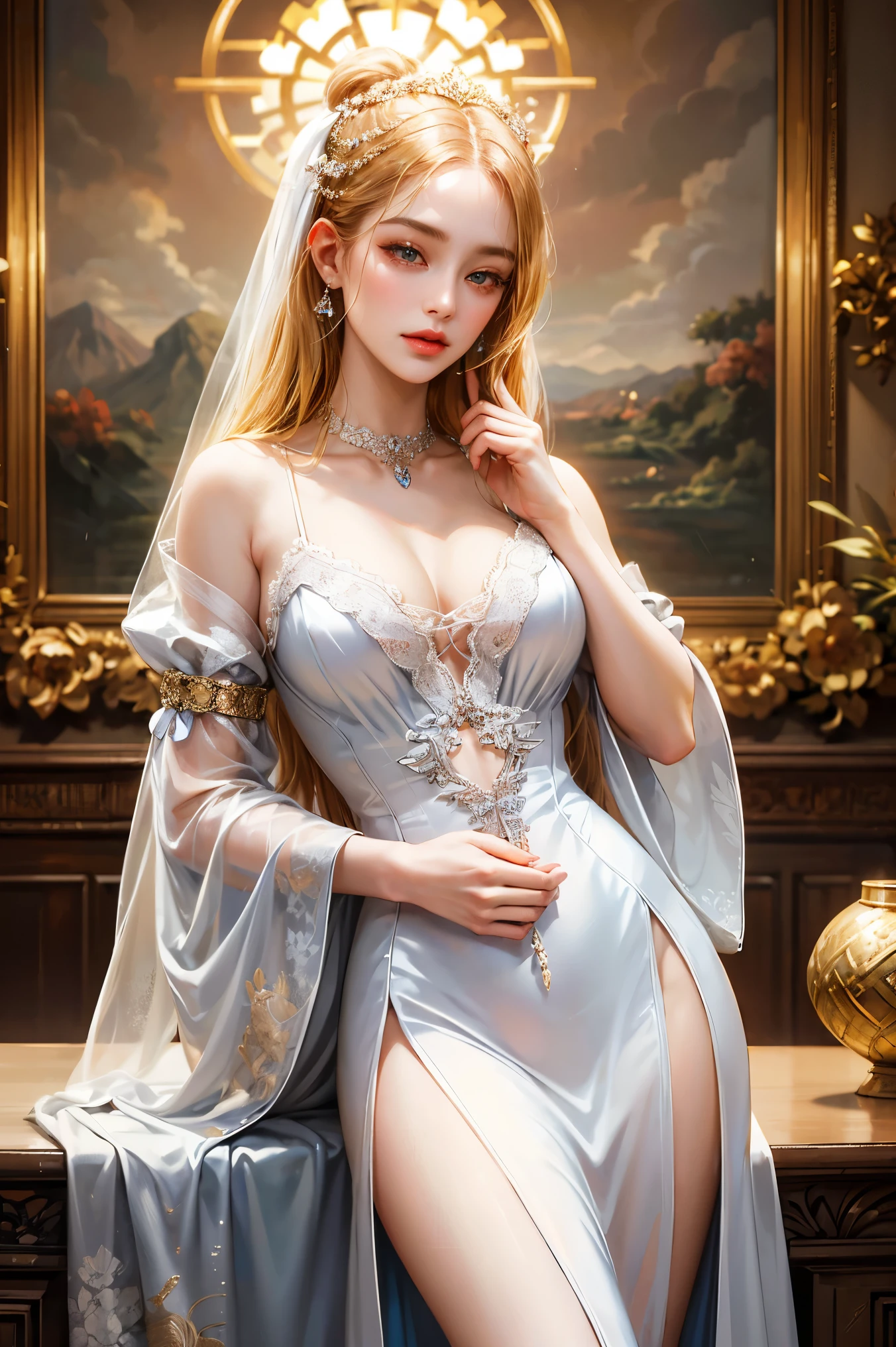 (((masterpiece, best quality))), (((high quality))), (((high resolution illustration))), (((hyper detail))),NSFW, (((Wordsworth's Sharon))),(((Very beautiful long blonde hair))), (((Very beautiful face))), ((((Detailed face)))),(((very beautiful blue eyes))),(((Realistic Skin))),(((her face is flushed))),(((slim body))),(((slim thighs))),(((small breasts))),(((very beautiful slender legs))),(((White dress with extremely detailed and intricate decoration))),(((beautiful earrings))),(((beautiful hair ornaments))),(((at the very beautiful bed))),(((wet her skin))),(((1girl))),(((saliva))),(((very angry))),((lying)))