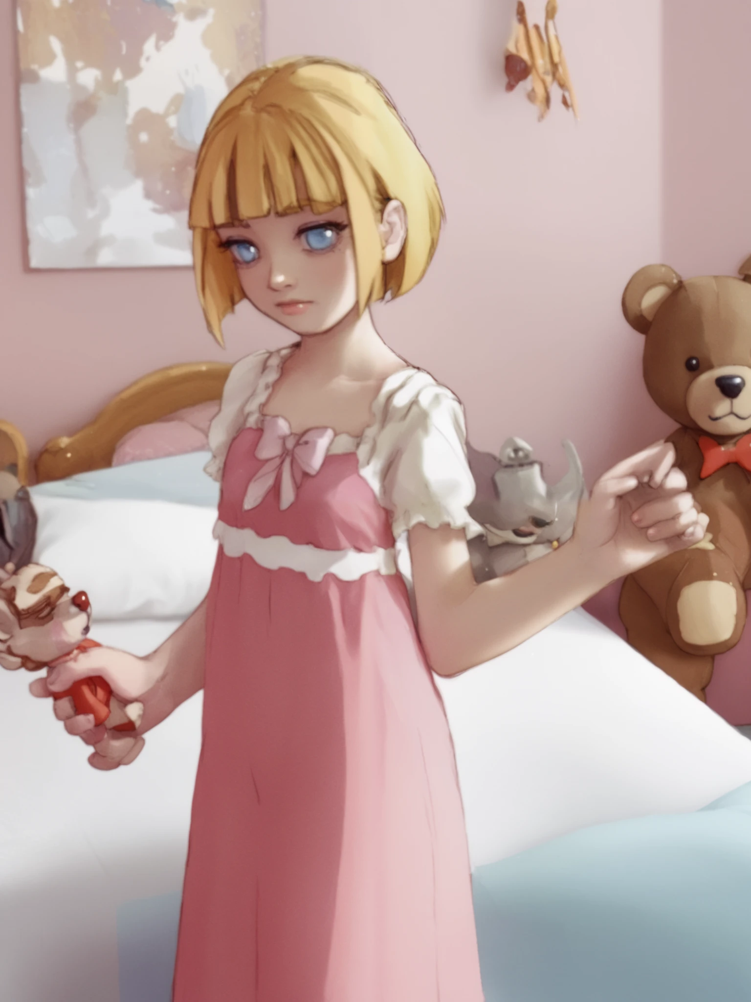 a very young , Long dress in pink pajamas 、 Full image of a girl holding a teddy bear , blue eyes、 Light pink room in the background 、 short hair, mystery,bow hair, whole body,bed in the background 、 Blue eyes and short hair ,quarto feminino beautiful, beautiful, fofo, hair fringe ,penteado babydoll, blonde looking at the camera 、 A cutie in a long red dress and holding a teddy bear is surrounded by a black teddy wolf in the background.、 Full image of the 、smaller breasts、 Closed windows
Make the entire image fit the frame 。