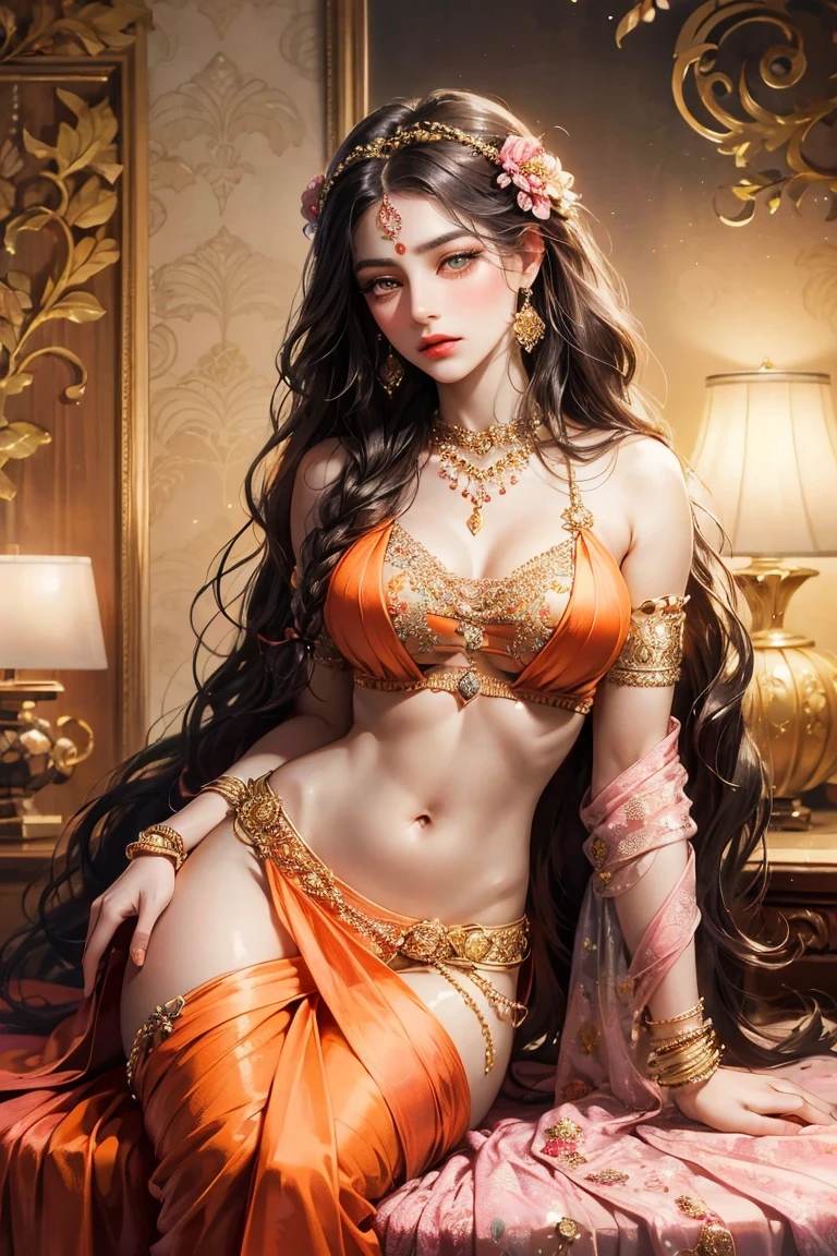 Single beautiful Persian princess, wearing a fitted wet red sharara, long wavy black hair, visible sweat dripping from armpits, fully body covered in glistening sweat, big breasts, white skin, backside visible with detailed facial features, beautiful eyes and lips, fully body visible, extremely detailed face, long eyelashes, portrait, (best quality,4k,8k,highres,masterpiece:1.2),ultra-detailed,(realistic,photorealistic,photo-realistic:1.37),dramatic lighting, warm color tones, vibrant colors