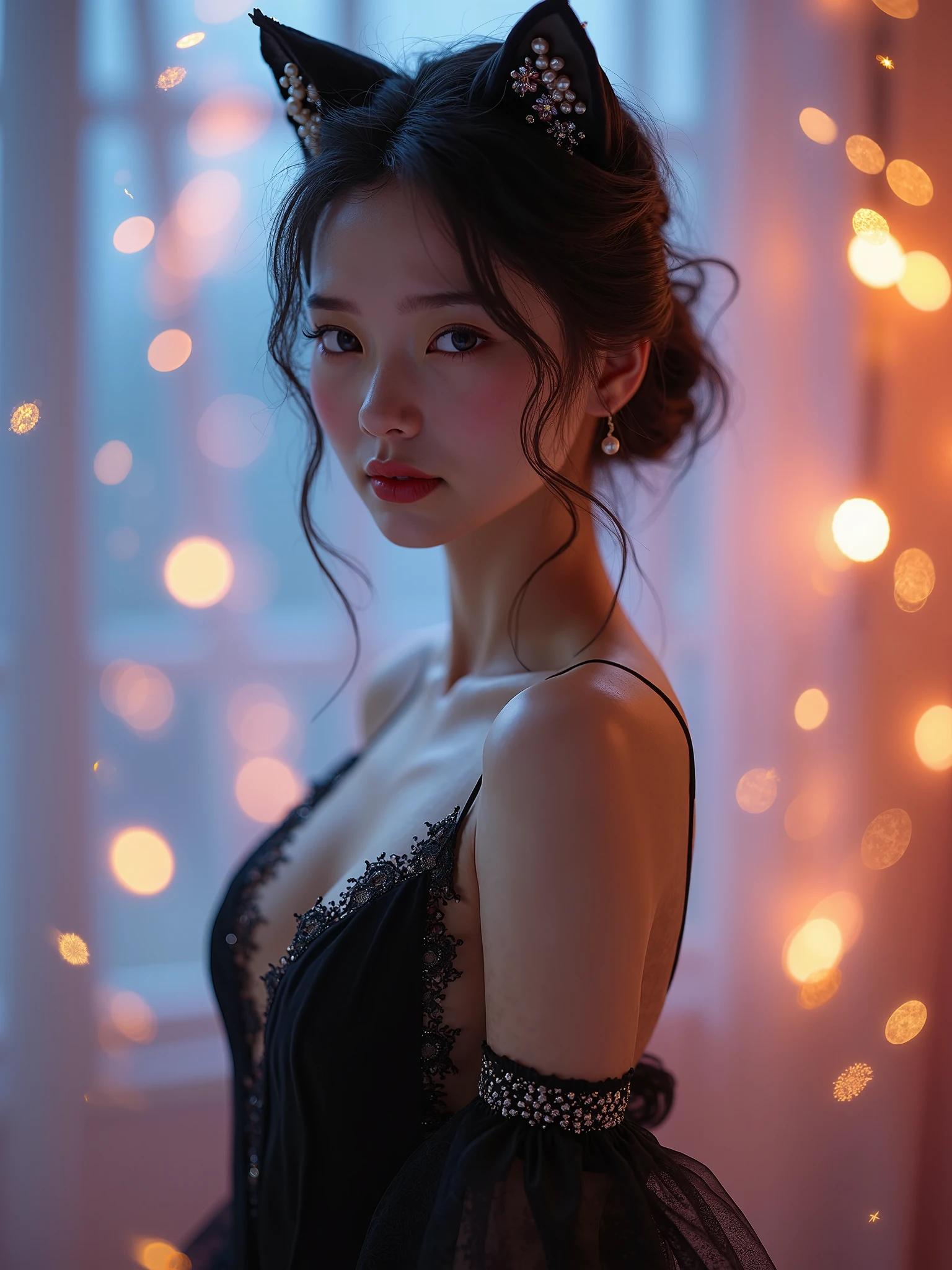 (32K:1.9, Highest quality, masterpiece, Ultra-high resolution), Professional camera work:1.6, Very detailedな肌と顔の質感:1.3, attractive肖像画:1.3, Very accurate, Very detailed, 1 adult Japanese female, ((Amazing night view from the rooftop, The moonlight at night illuminates my body)), (satin silver nightgown:0.5), Incredibly slim body, Fair skin, elegant, Expressions of sadness, (Big eyes that exude beautiful eroticism:0.8, Sad expression:1.0, I love you with all my heart:0.8, Open your mouth a little, lipstick, Feel the beautiful eroticism:0.8), (Wet dark brown medium length hair), Candles, Mid-chest, Earrings, necklace, bracelet, Sensual sitting position, (romantic, dramatic, mysterious), Object of admiration, format, artistic, Innovative, attractive, Stimulate the, Extreme, Tilt, ((Adult charm, Feminine charm, Hair blowing in the wind))