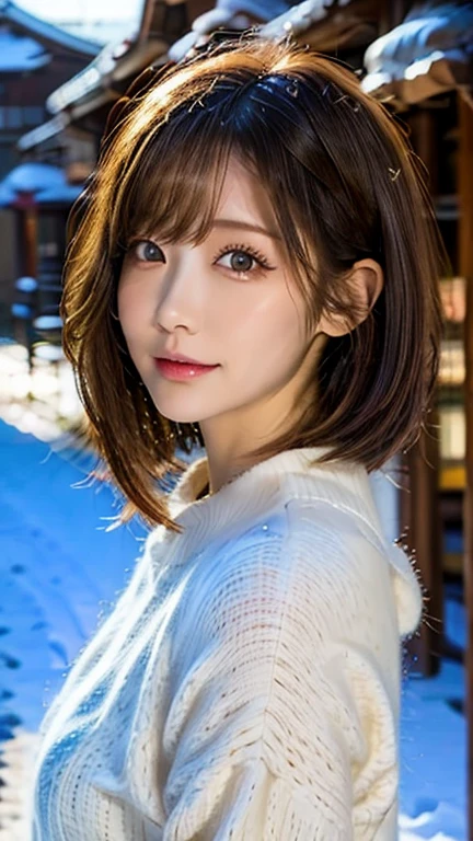 pureerosface_v1, top-quality, Photorealsitic, 8K, hight resolution, 2 girls in,  (Skindentation), (portlate:0.6), a gorgeous, dynamicposes, ((poolsidebackground:1.6)), coconut tree, ((Medium Size Round Breast, White High Neck Sweater:1.4)), See who looks straight:1.8, (1 Girl's eyes looking at the viewer, medium lenght hair, brown haired, partedbangs:1.65), (Bokeh), A smile:1.2, (Keep your mouth shut:1.16),