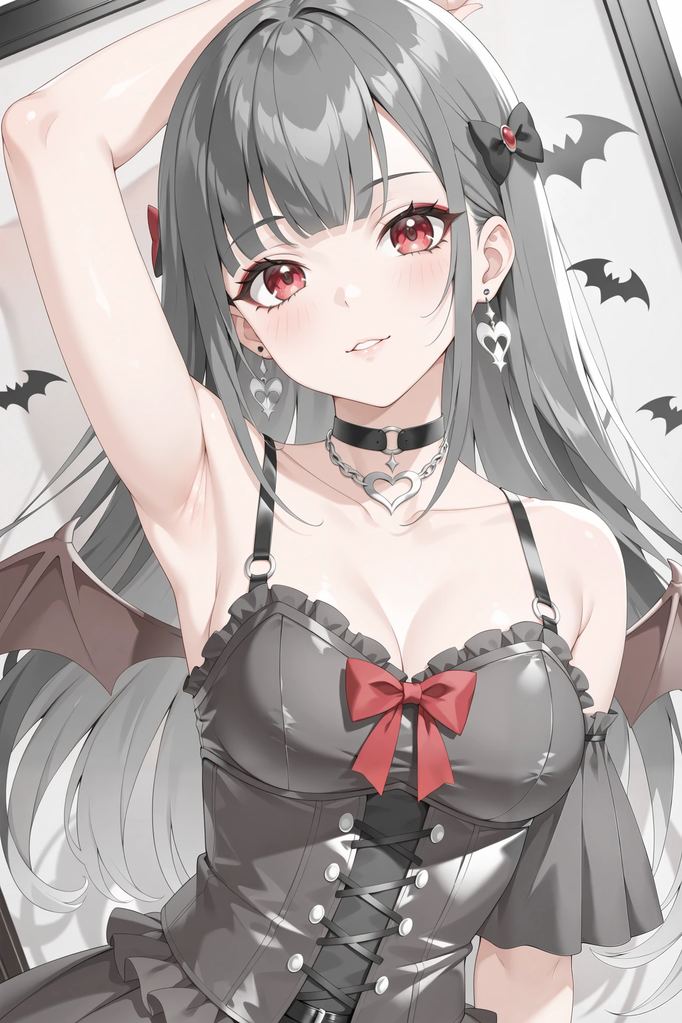 (((Masterpiece))), a influencer woman, top quality, super detailed, sweet and outgoing, goth style, light skin, black hair, bangs, red and black Corset Dress, bat choker, bow, gothic background