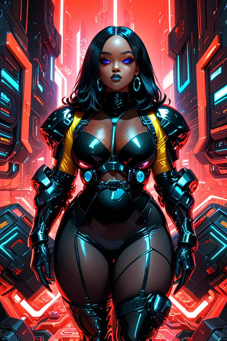 NSFW, there is a dark black Nigerian woman standing, 3 d arte neon do corpo de uma mulher, fundo neon-noir, Cyberpunk femme fatale, Fantasia sombria cyberpunk sedutora, clubes de strip cyberpunk, Cyberpunk 20 e. o modelo menina, oppai cyberpunk, Banner, CGSsociety, highes definition, Obra-prima da CGSOCIETY, Trend in CGTacing:, KDA, random hair, Looking at camera, seios nsfw gigantescos, seios nsfw gigantes para baixo, clivagem, (pele altamente detalhada:1.2), 8k UHD, DSLR, super lighting, alta qualidade, filmic grain, alta resolução, altamente detalhado, hyper realistic, beautiful face, Corpo bonito, beautiful eyes nose lips, seductiveexpression, muito ousado, seios muito muito grandes, foto de corpo inteiro, LEGS APART WHILE STANDING, pale translucent glowing skin, most beautiful face, fofo, (pelos pubianos bem definidos:1.2)), (fundo preto liso escuro:1.4))