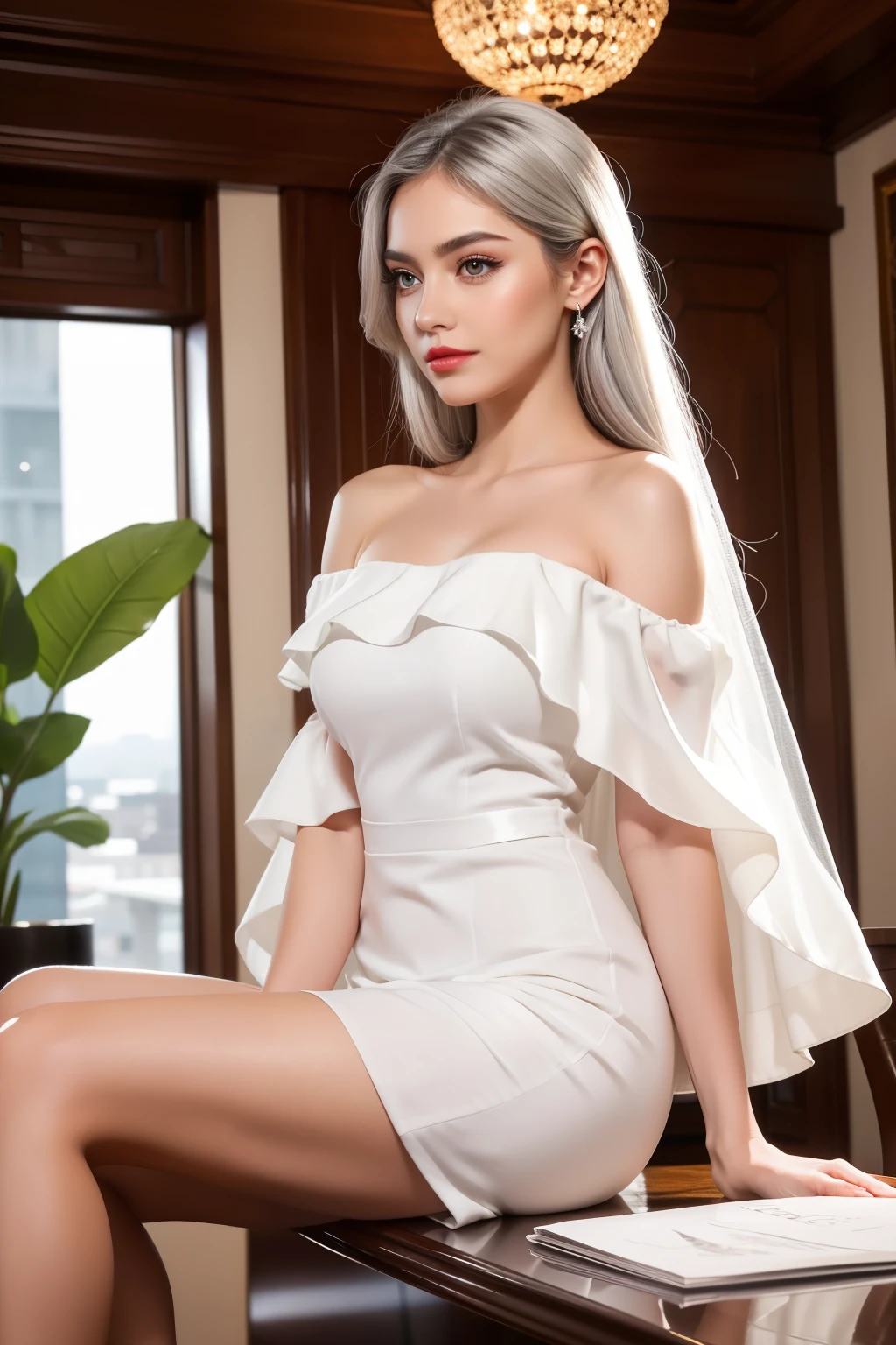 top quality work,Real work,Ultra premium graphics,8K HD CG Works,high quality graphics,High-definition CG works,10x pixels,super fine details:1.1,Advanced technical details:1.1Real as a photo,indoor lighting effects:1.5,Natural light:1.5. light effect(virtual light effect:1.8),超A high resolution, shiny 赤いドレス,長いsilver hair,silver hair,transparent hair,high detail hair(premium hair detail:1.1)clear eyes,beautiful double eyelids,sharp eye makeup, delicate eyelash makeup, thin eyebrows, highly detailed eyes,high nose, nice red lips, rose cheeks, A face with delicate makeup , cute face, perfectly proportioned face,(Advanced facial details:1.1), shiny ,Summer Sexy Hip Wrap Fishtail Sleeveless Commuter Maxi ,Stiletto heels,beautiful long dress,Wonderful dress,bright red series,(off shoulder tight white dress) dress collection,dress photography,authentic dress work,At the banquet hall,woman'artwork of,(full body figure),goddess of dresses,Realism,wonderful,My eyes are shining today
