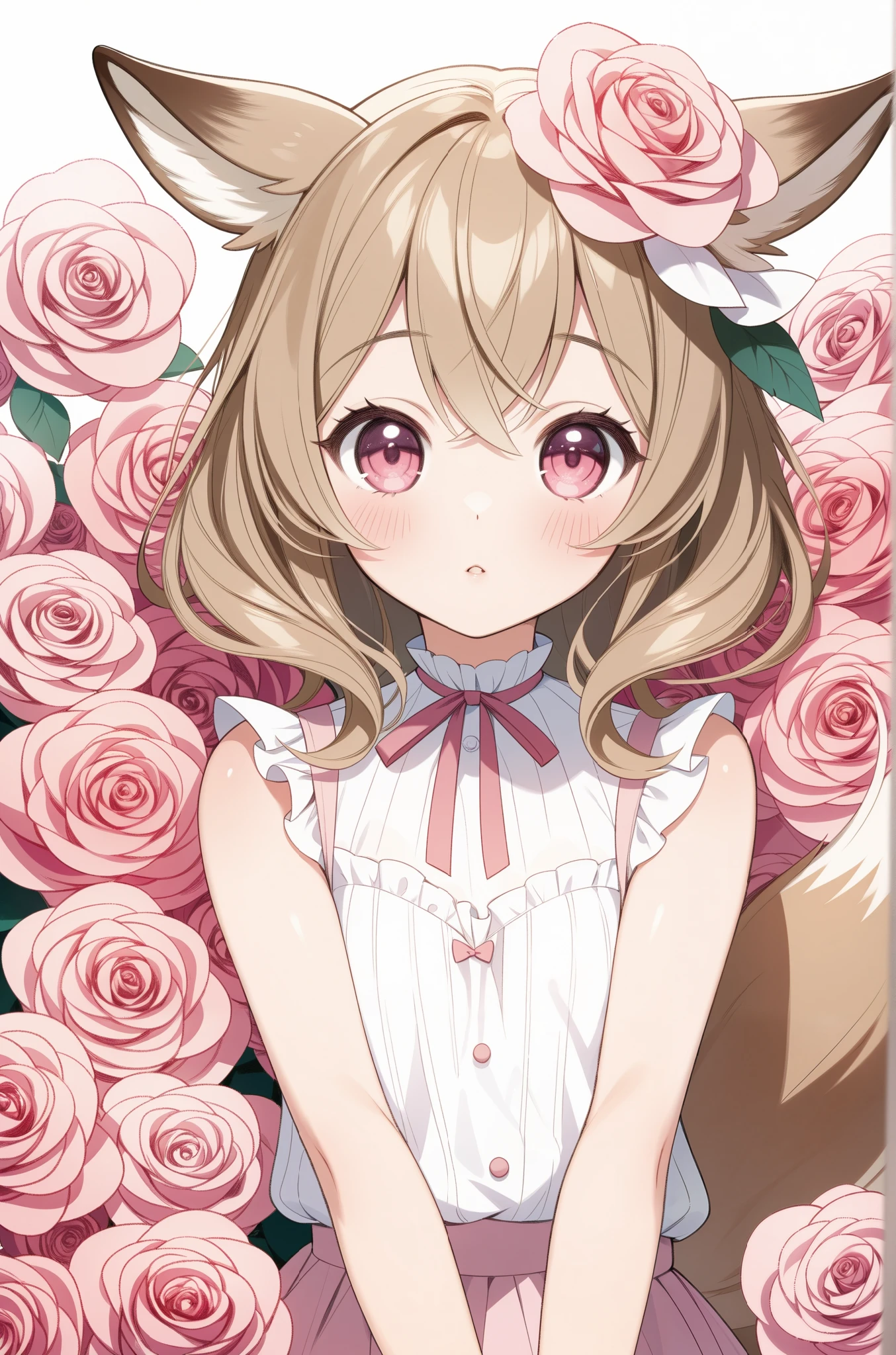 Best quality, masterpiece, ultra high res, a kawaii illustration of a fawn in roses