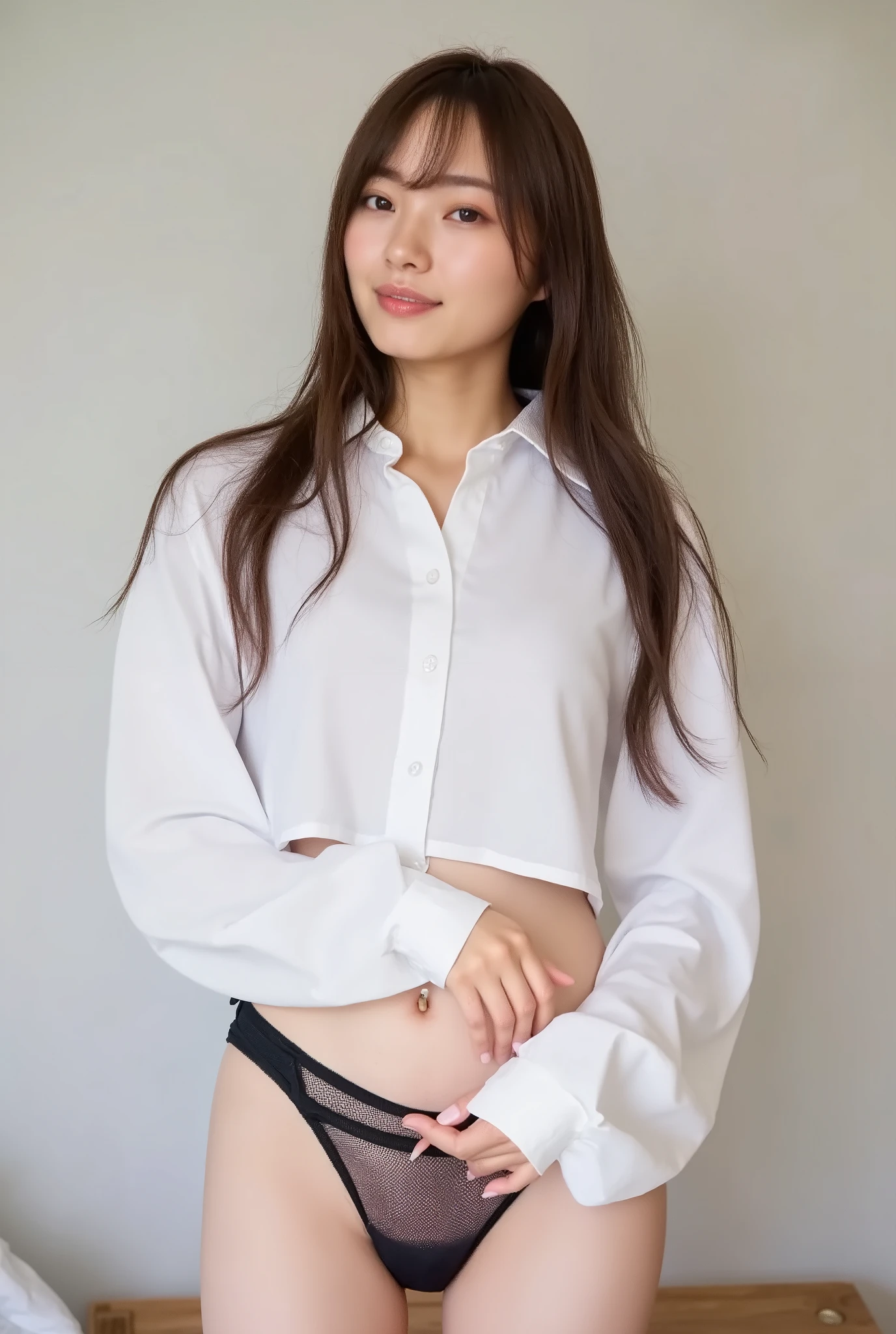 (((top down composition:1.4))), (highest quality:1.4), (ultra highres:1.2), (photorealistic:1.4), (16k, RAW photo:1.2), ( as portrait shot:1.3), professional lighting, japanese goddess, gravure, detailed face and skin texture, detailed eyes, looking at camera, nsfw, beautiful eyes, detailed eyes, beautiful face, detailed face, ((smile:1.3)), (highest quality), glowing skin, (smooth lighting:1.2), (Cinema Lighting:1.2), ( long brown hair ), ( bangs:1.4), ((white crop top shirt:1.3)), ((big breasts:1.4)), ( crop top belly button:1.3), ((underboob:1.5)), (black fishnet thong:1.3), (bare legs:1.2), (bare tights:1.3),