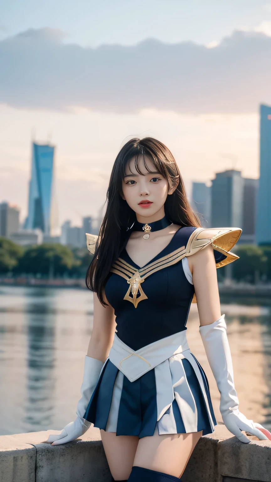 A young woman dressed in a fusion of armor from Sailor Saturn and Saint Seiya . She has short black hair and wears a pleated navy blue miniskirt , a choker necklace combining , long white gloves , and knee-high boots . Her sailor suit blends perfectly with the Saint Seiya armour style, including shoulder protectors , waist armor, arm protectors, and leg armor . The armor is elegant, Metallic gold, and intricately designed , complementing the elegance of her sailor uniform . She positions herself in a heroic pose , exuding grace and strength , city background , tall buildings, trees, blurry.