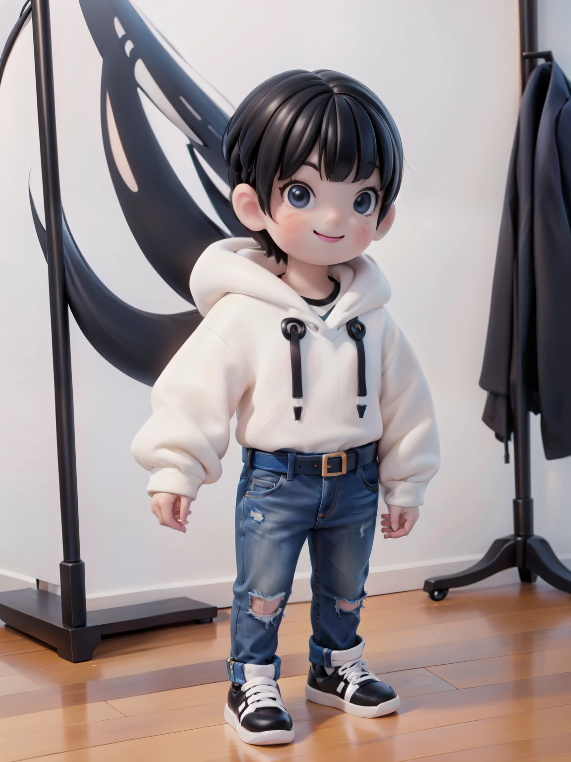 a (boy) smiling, white sweater hoodie, jeans, belt, shoes, stand up, front view, no background