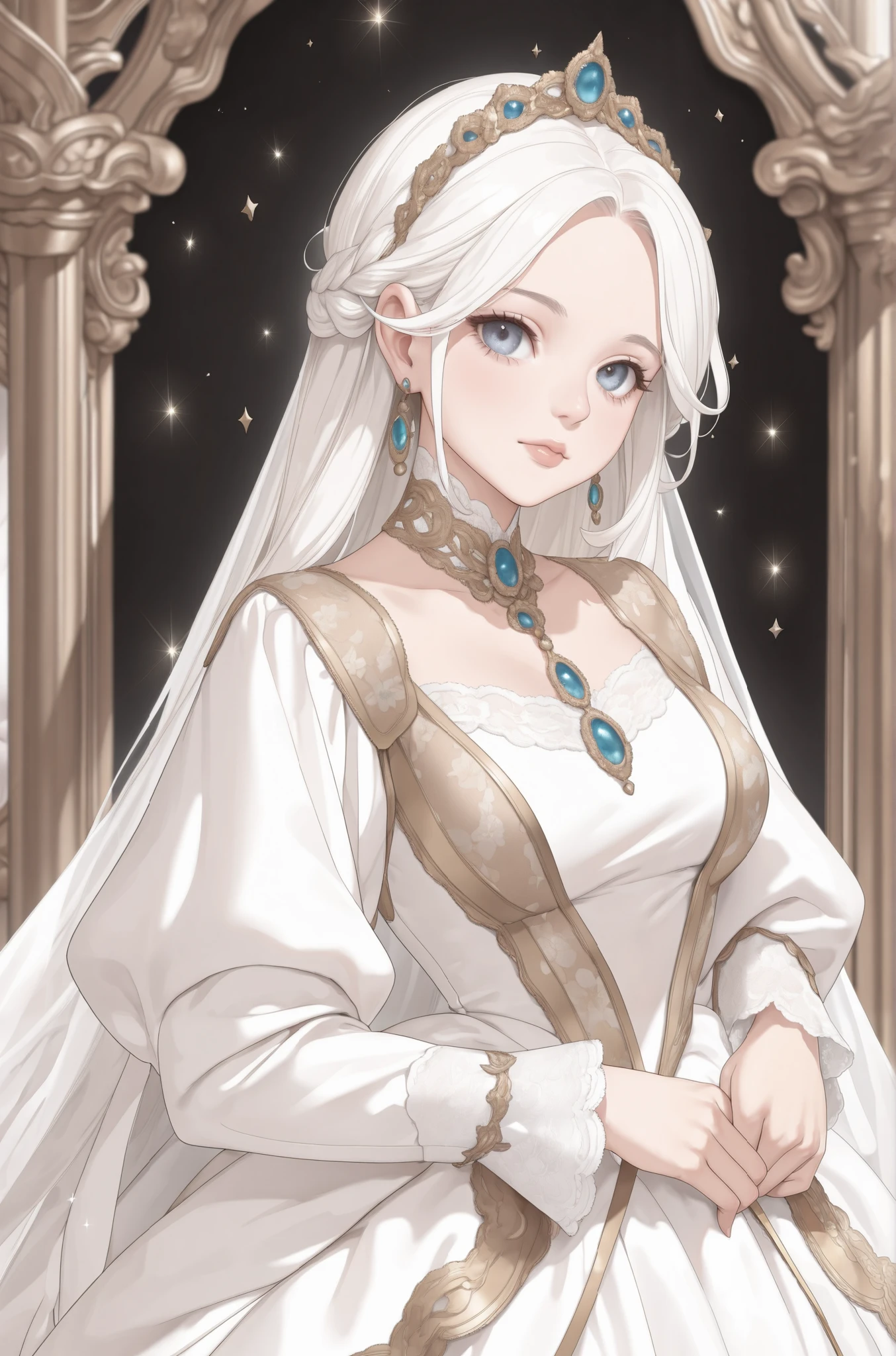((Superior quality, masterpieces, 8K wallpapers: 1.3)), (Absurdres:1.2), gorgeous long white haired woman, in a light opulent environment, detailed lace, realistic face, elegant Victorian gown on woman, intricate celestial uniform on man, romantic, golden embellishments, queen, delicate jewelry, elegant, digital painting, concept art, sharp focus, illustration, fantasy, soft lighting, pastel tetradic colors