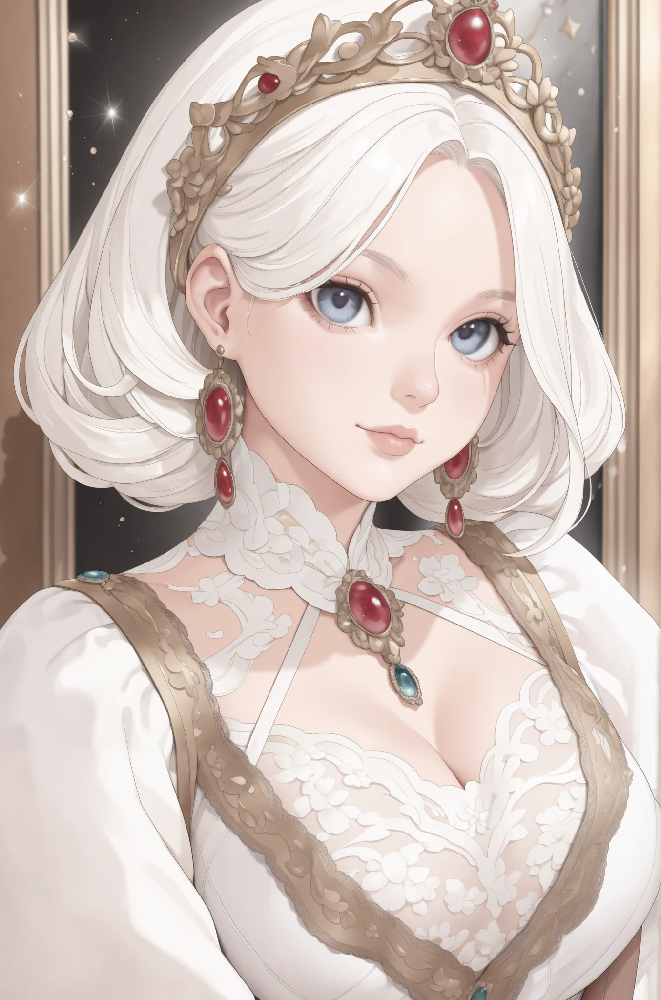 ((Superior quality, masterpieces, 8K wallpapers: 1.3)), (Absurdres:1.2), gorgeous long white haired woman, in a light opulent environment, detailed lace, realistic face, elegant Victorian gown on woman, intricate celestial uniform on man, romantic, golden embellishments, queen, delicate jewelry, elegant, digital painting, concept art, sharp focus, illustration, fantasy, soft lighting, pastel tetradic colors