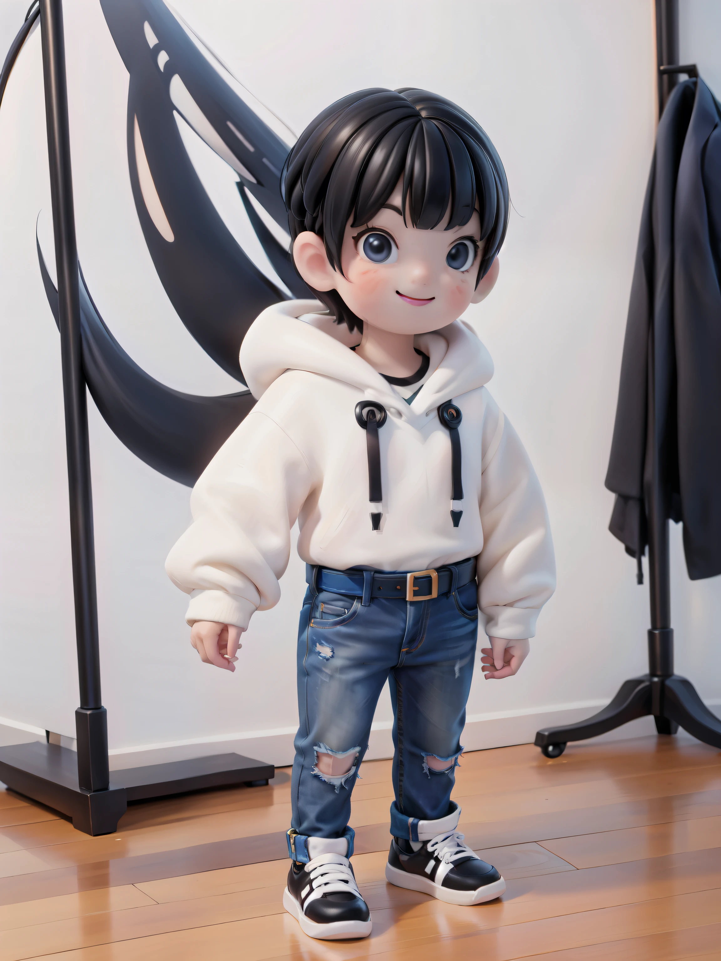 a (boy) smiling, white sweater hoodie, jeans, belt, shoes, stand up, front view, no background