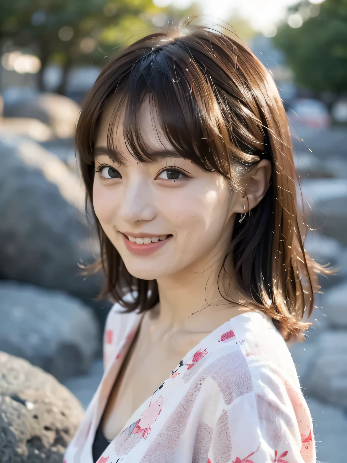  1 girl, solo,  long hair,  hair parted to the middle，Hair tucked behind ear,Hot Spring Town,Kusatsu,Yubatake ，yukata, happy/joy, Light blush, Hair ties,  high resolution,  look,  top quality,  anatomically correct, 