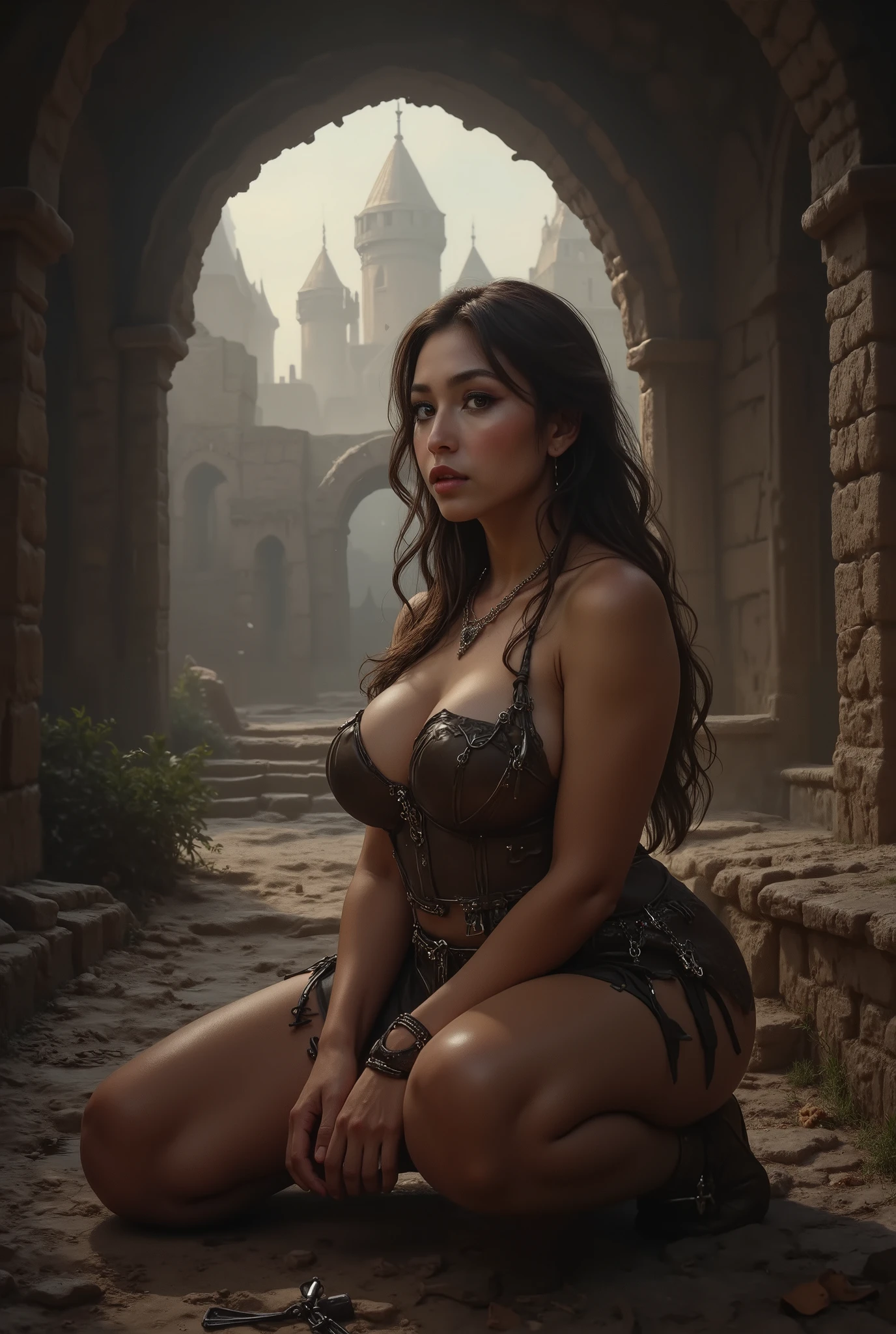 (epic fantasy art), super high resolution, masterpiece, top quality, perfect lighting, detailed lighting, dramatic shadow , ray tracing, (( sharp concentration:1.2)), 1 beautiful woman, 20 years old, ((Idol's face:1.35)), (( slender body:1.2)), Chest, 腹logic, logic, (( beautiful detailed brown eyes :1.35)), (( eyeshadow:1.2)), (( red lips:1.2)), ((Dark Skin:1.2)), ((Big Breasts:1.5)), cramped waist, The size of thick thighs , long braids , light brown hair , Mouth half open , staring at viewers, ((Medieval Sexy Leather Armor :1.2)), (( Fantasy Medieval Castle:1.2)), from below, ( sitting has a smiling face), ((Ancient Stone Chamber Night View Background )), (( dog restraint , bondage)), (( dog restraint with handcuffs:1.2)), ((Being restrained:1.5)), ( with arms crossed on the back:1.2), ( kneeling pose:1.5), ( opens legs),
