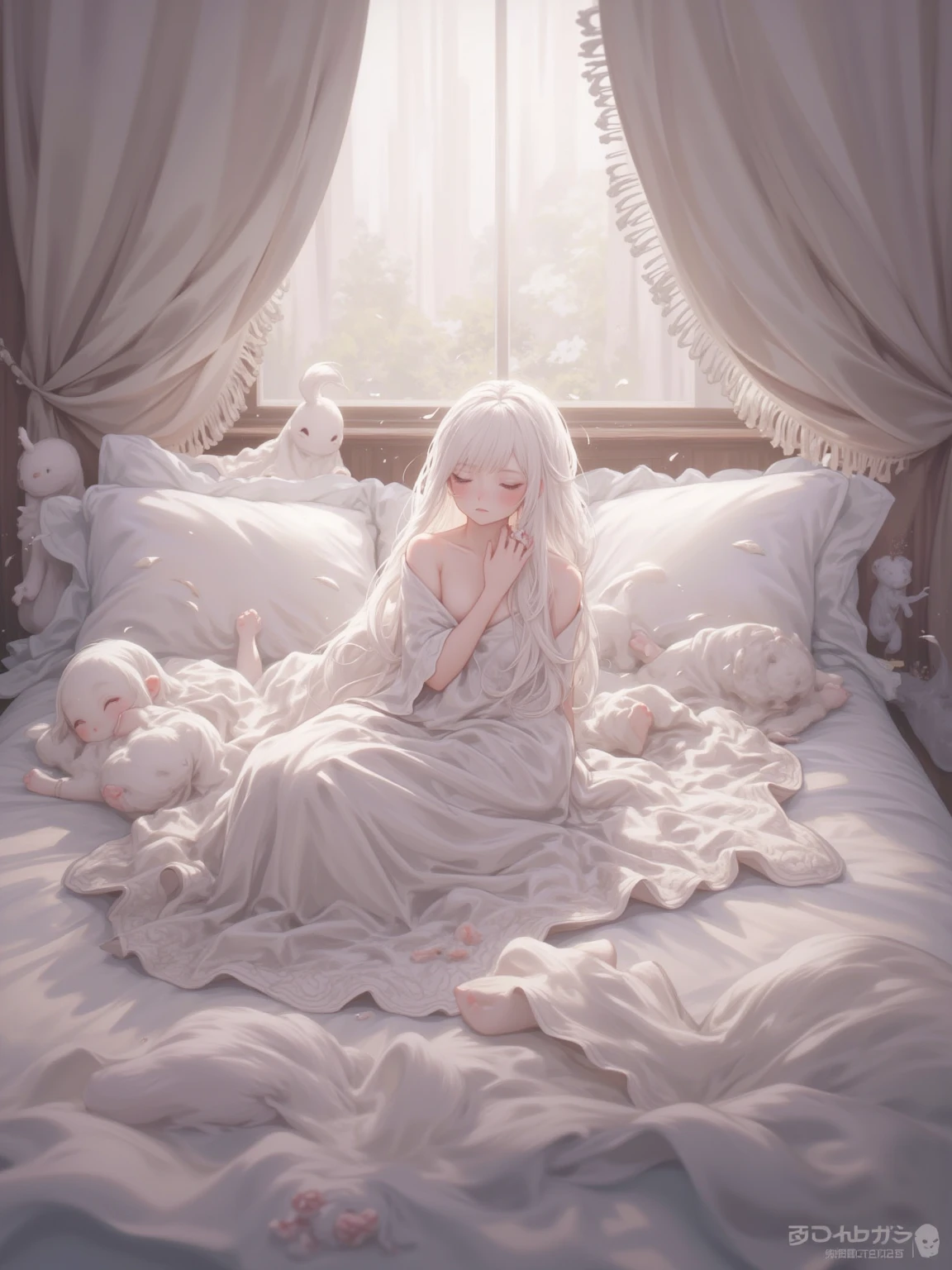 A girl peacefully slumbers, her gentle breathing and relaxed expression indicative of deep rest. Soft moonlight filters through the window, casting a delicate glow on her peaceful form. The room is adorned with cozy elements, such as plush pillows and warm blankets, creating a serene and comforting atmosphere. The illustration style draws inspiration from the dreamlike works of Salvador Dalí, known for his surreal and evocative compositions. The color palette encompasses soft pastels and gentle shades, enhancing the tranquil mood. The camera angle captures the girl in a serene and vulnerable position, inviting viewers to appreciate the beauty and tranquility of sleep.