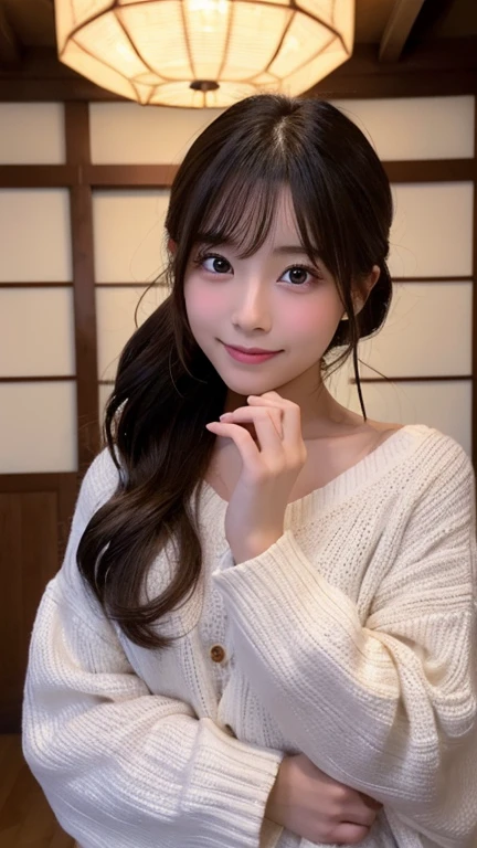 table top, highest quality, figure, super detailed, finely, High resolution, 8k wallpaper, 完璧なダイナミックな構figure, beautiful and fine eyes, Trendy Women's Fashion Winterwear,bun hair,,natural color lip, random sexy pose,smile,Home、20 year old girl、cute、You look at the camera,RAW photo,Kamimei,shoot from above,anatomically correct condition