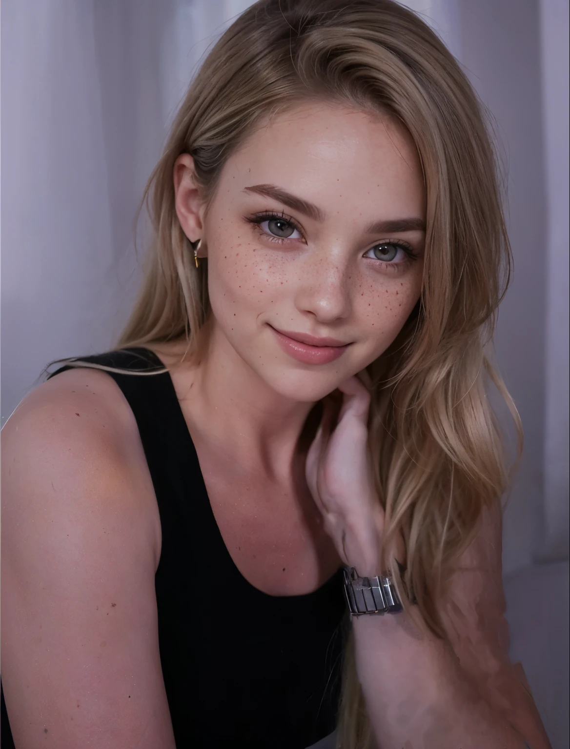 Face of a woman, americana, age 25, pale skin and freckles, grey-eyed, delicate nose, soft and delicate lips, Long Wavy Gray Blonde Hair, Sweet smile,