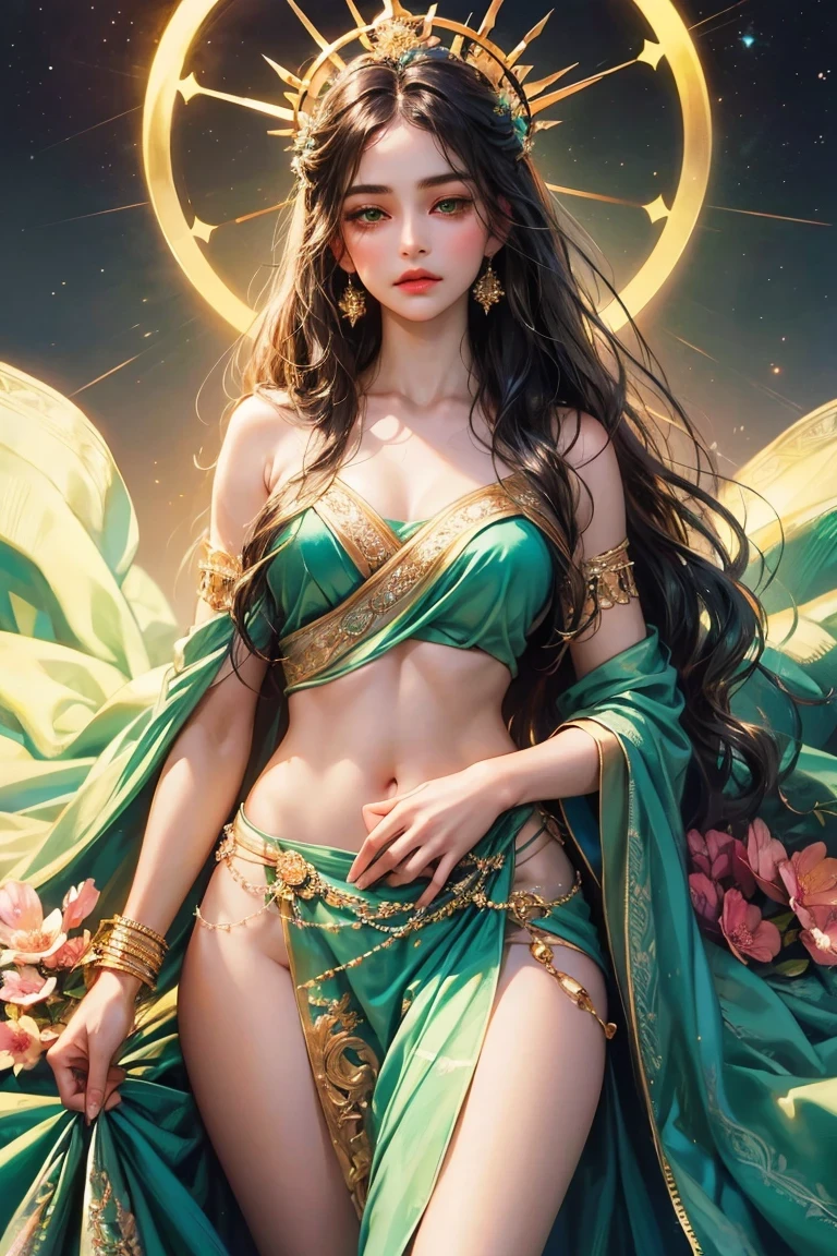 Masterpiece, highest quality, solo, (perfect face: 1.1), (high detail: 1.1), dramatic, dynamic pose, 1girl, breasts, blonde hair, bright blue eyes, solo, cleavage, delicate and characteristic pretty face, long hair, curved, small breasts, hanfu, thighs, intricate patterns, bare shoulders, slender and tall figure, pink lips, she is like a fairy in the mortal world, elegant and elegant. Her dress was made of silk and dyed a soft pink color to match the glow of the sky. The dress has intricate embroidery of flowers and birds, showing her elegant taste and noble status. She wore a jade-colored hairpin on her long black hair, which fluttered behind her as she ran. Her face is delicate and flawless, with bright eyes and rosy lips. She smiled and enjoyed the freedom and beauty of nature. The fields are covered with green grass and colorful wildflowers that sway in the breeze. The sun sets behind the mountains, casting a warm glow on the entire scene. She looks like a painting, a dream, a poem.