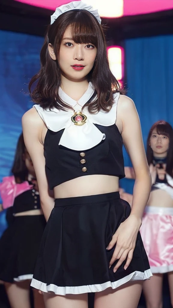 beautiful girl、Sleeveless, sheer lace shirt、Emphasized cleavage、Large Breasts、Long Hair、Tie your hair up with a red ribbon、はだけたThighs、Thighs、Beautiful knees、High heels、Have a smartphone、Staring at the audience、Embarrassed expression、high resolution、Colorful、flowers in background、blue sky、Black Hair、Blue Eyes、Red flared skirt(mini skirt)