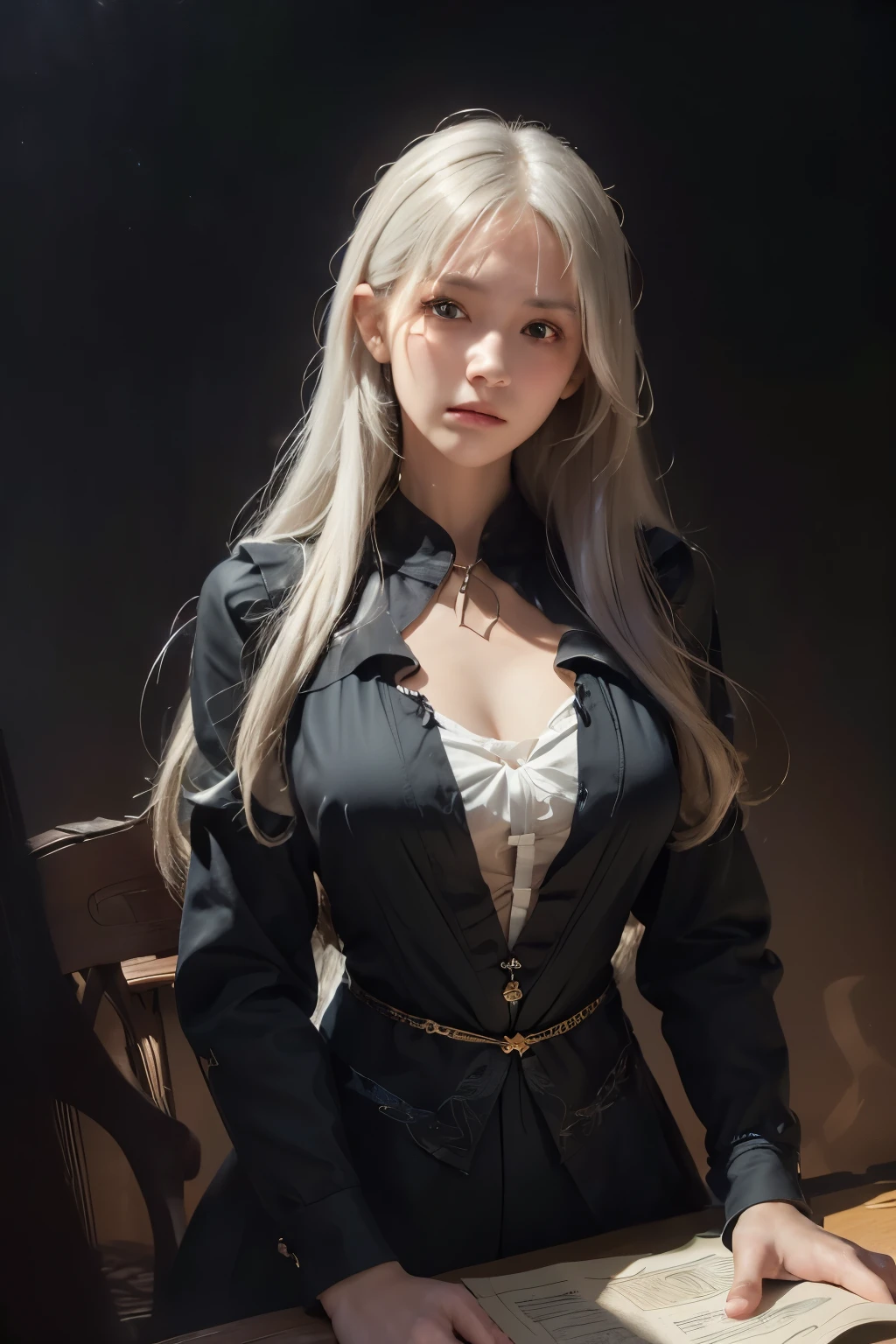 (front focus), (in the dark:1.6), Hyperrealist portrait of female by david hockney and alphonse mucha, fantasy art, photo realistic, dynamic lighting, artstation, poster, volumetric lighting, very detailed faces, 4 k, award winning, 1girl, in the dark, deep shadow, low key, cowboy shot, (official clothing:1.4), long hair, white hair