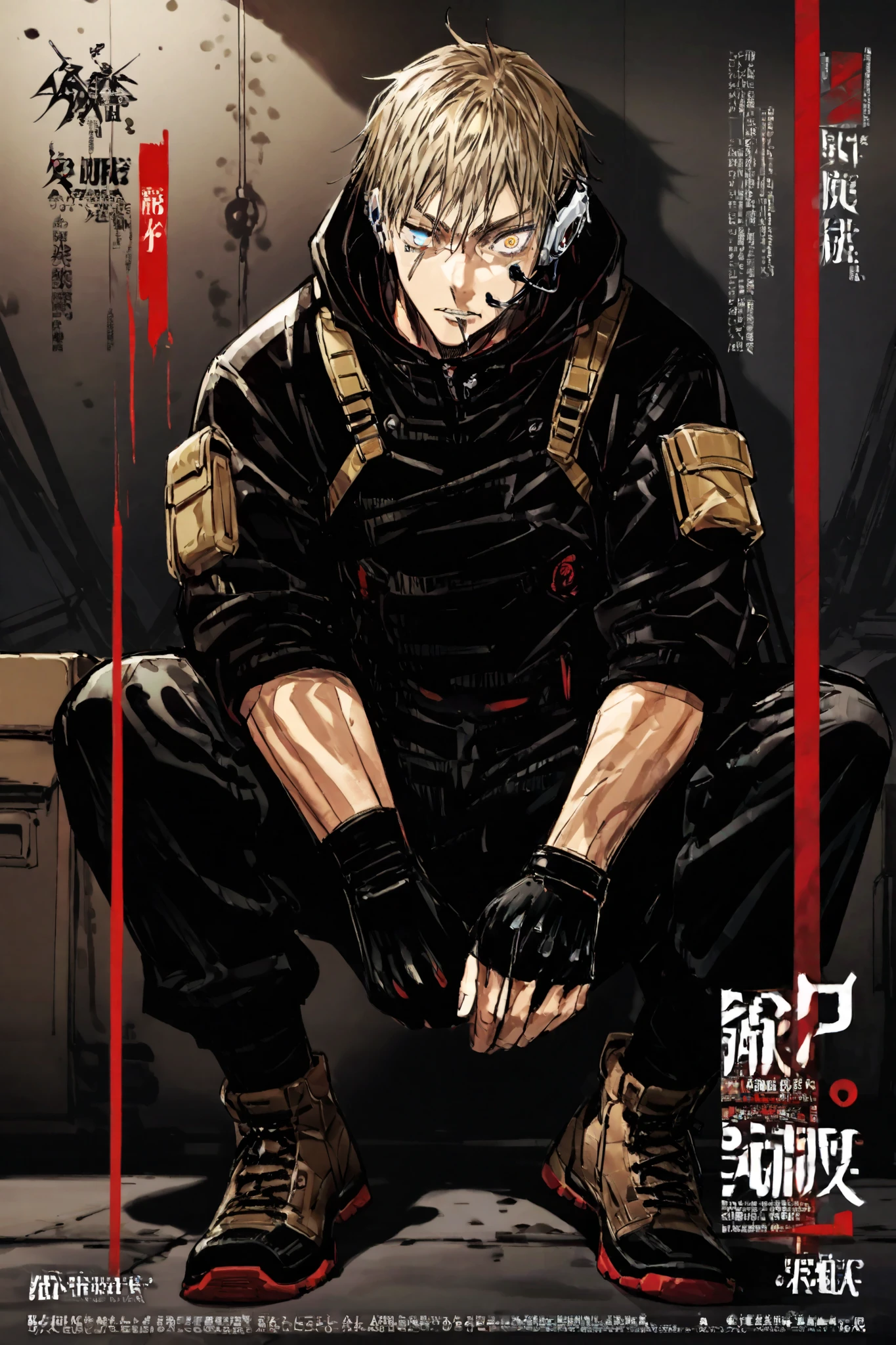appearance:
hair: short and messy, in silver or black with red reflections .
eyes: Intense red with torn pupils , shine slightly when you activate your power .
Clothes:
Wear a black tactical jacket with red and gold details , with a hood that you can wear to hide your identity .
Long sleeve t-shirt fitted underneath , with reinforced fingerless gloves .
Dark cargo pants with several pockets and a cover for your dagger .
Tactical boots resistant to moving with agility .
An earpiece in one ear that you use to communicate or listen to music while working.