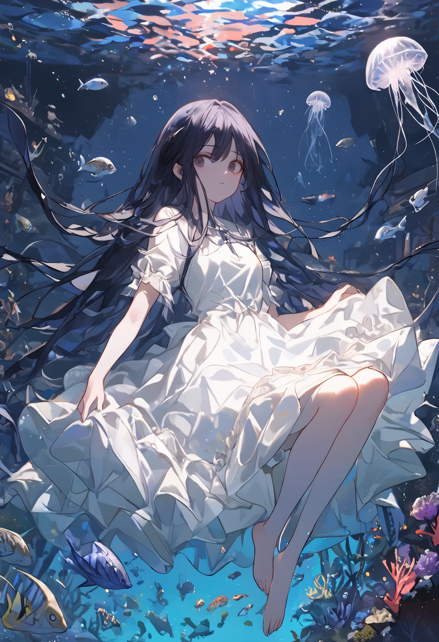 (( dark blue hair long hair 1 girl:1.4)),Full body solo shooting、((seabed:1.4))、Floats in water、Lots of small fish、(( white dress 、 barefoot))、Floating、A lot of bubbles、jellyfish、Jellyfish、Coral Reef、Starfish、Various fish 、Blue Fish、School of sardines、Sink、Sunken Ship、Mysterious、 Fantastic、 glitter、 glitter 、lame