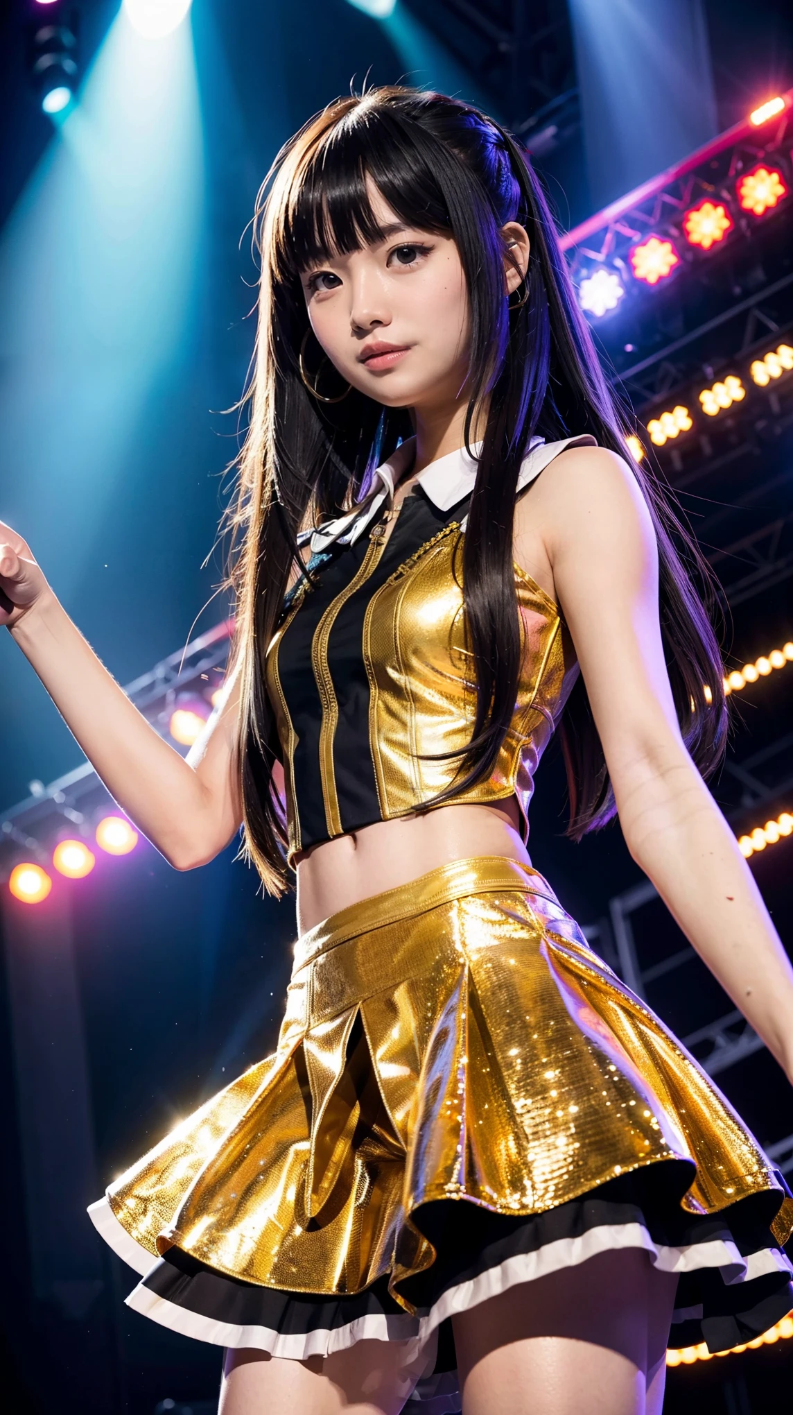 A highly detailed and anatomically accurate illustration of a Japanese high school girl, around 18 years old, standing on a live concert stage. She has semi-long straight hair with bangs and is wearing an elaborate stage outfit designed for performance, featuring stylish and dynamic elements. Her posture is confident yet graceful, and her expression conveys warmth and charm as she engages with the audience. The background showcases a grand concert stage with vibrant lighting, special effects, and a massive crowd of enthusiastic fans. The artwork is rendered in high resolution, with lifelike details and cinematic quality.
high resolution, masterpiece, accurate, anatomically correct, has won many awards, top quality, Details , retina, very detailed, textured skin, ultra high definition, backlight,