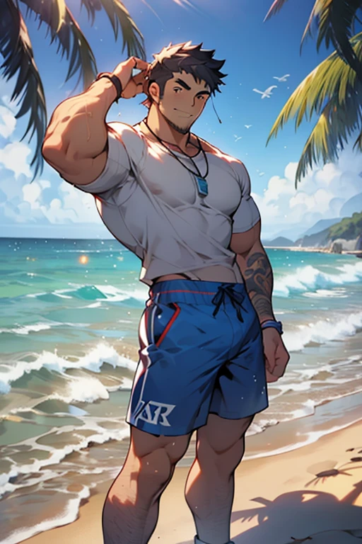 seaside, swimsuit, middle-aged man, muscles, wet, crotch bulge, undressing